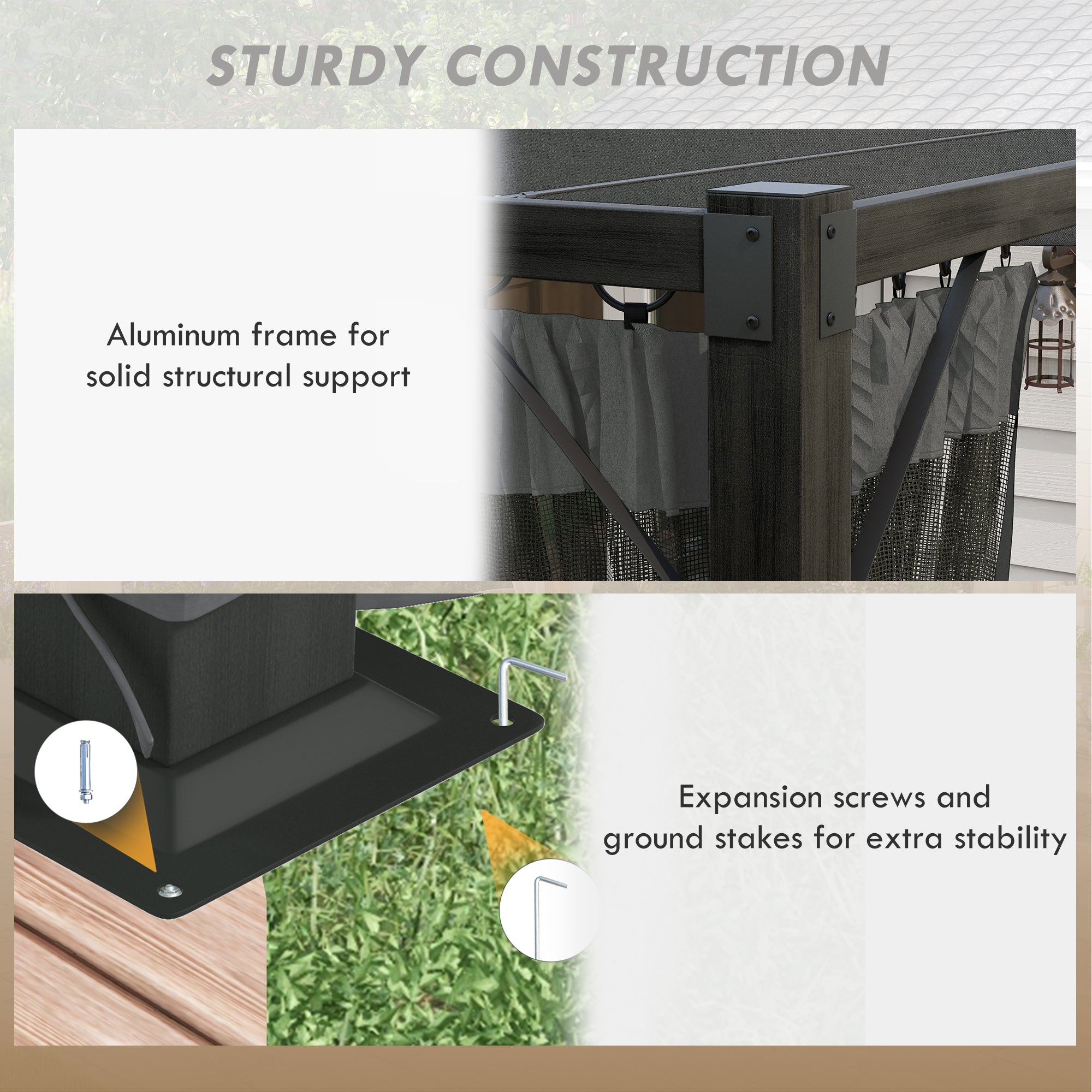 Set of 3 Retractable Pergola Gazebo with Nettings for Outdoor Shade - Dark Grey