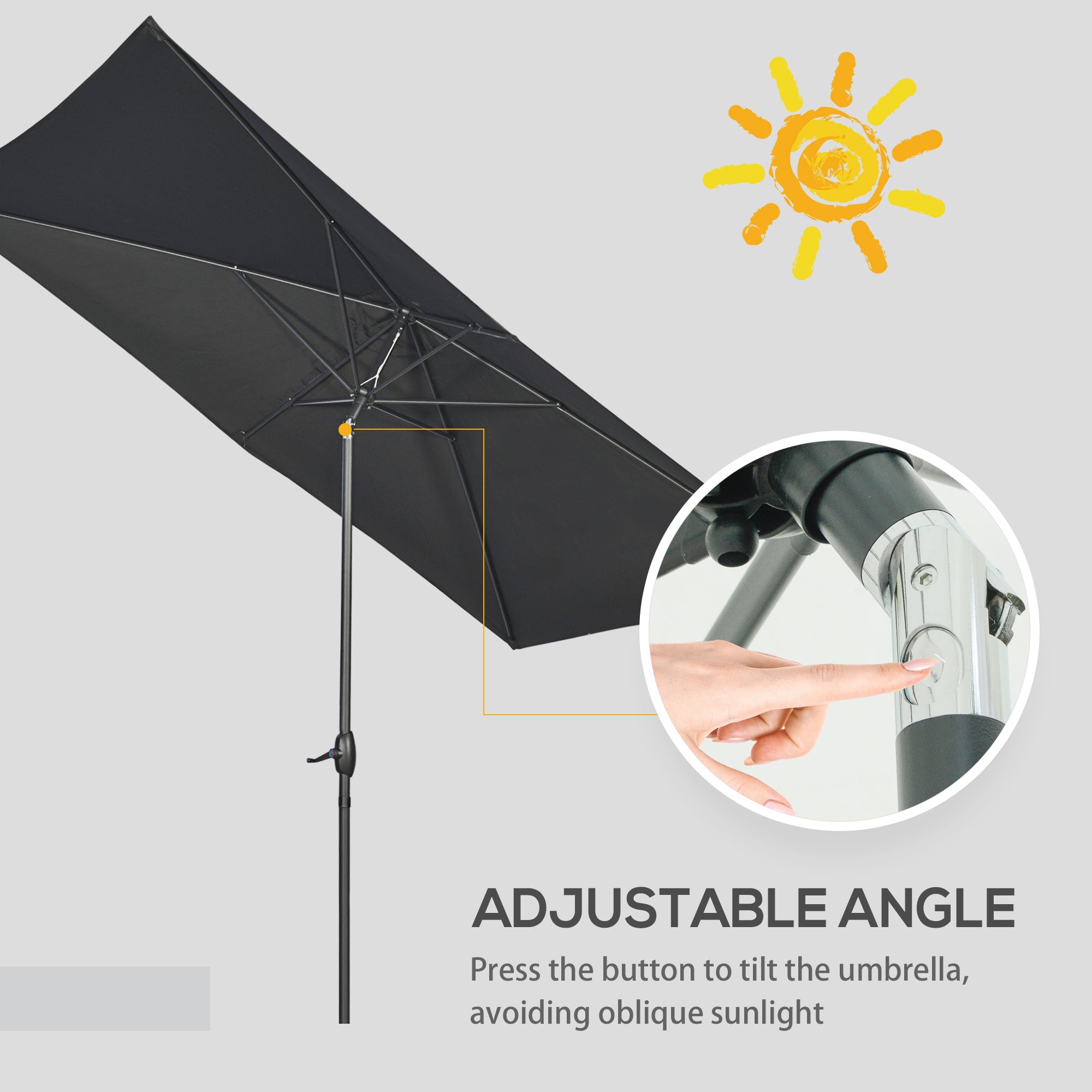 2 x 3(m) Garden Parasols Umbrellas Rectangular Patio Market Umbrella Outdoor Sun Shade w/ Crank & Push Button Tilt, Aluminium Pole, Black