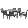 7-Piece Outdoor Garden Dining Set with Glass Top Table & 6 Mesh Armchairs - Grey