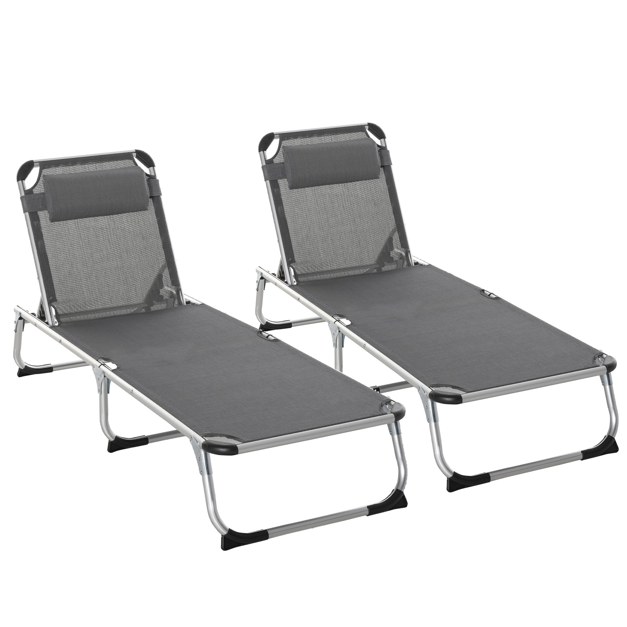 2 Pieces Foldable Sun Lounger with Pillow, 5-Level Adjustable Reclining Lounge Chair, Aluminium Frame Camping Bed Cot, Grey