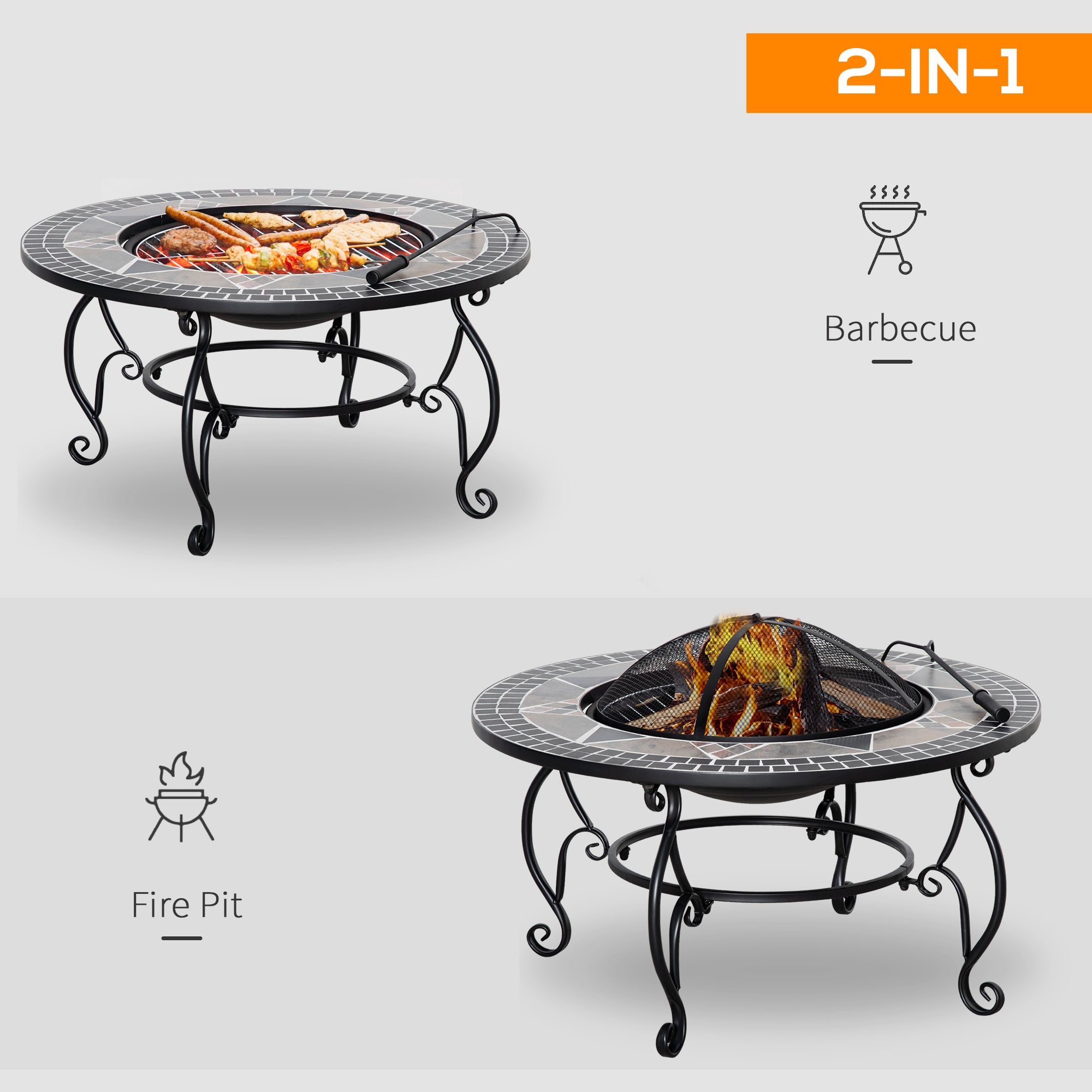 2-in-1 Outdoor Fire Pit, Patio Heater with Cooking BBQ Grill, Firepit Bowl with Spark Screen Cover, Fire Poker for Backyard Bonfire