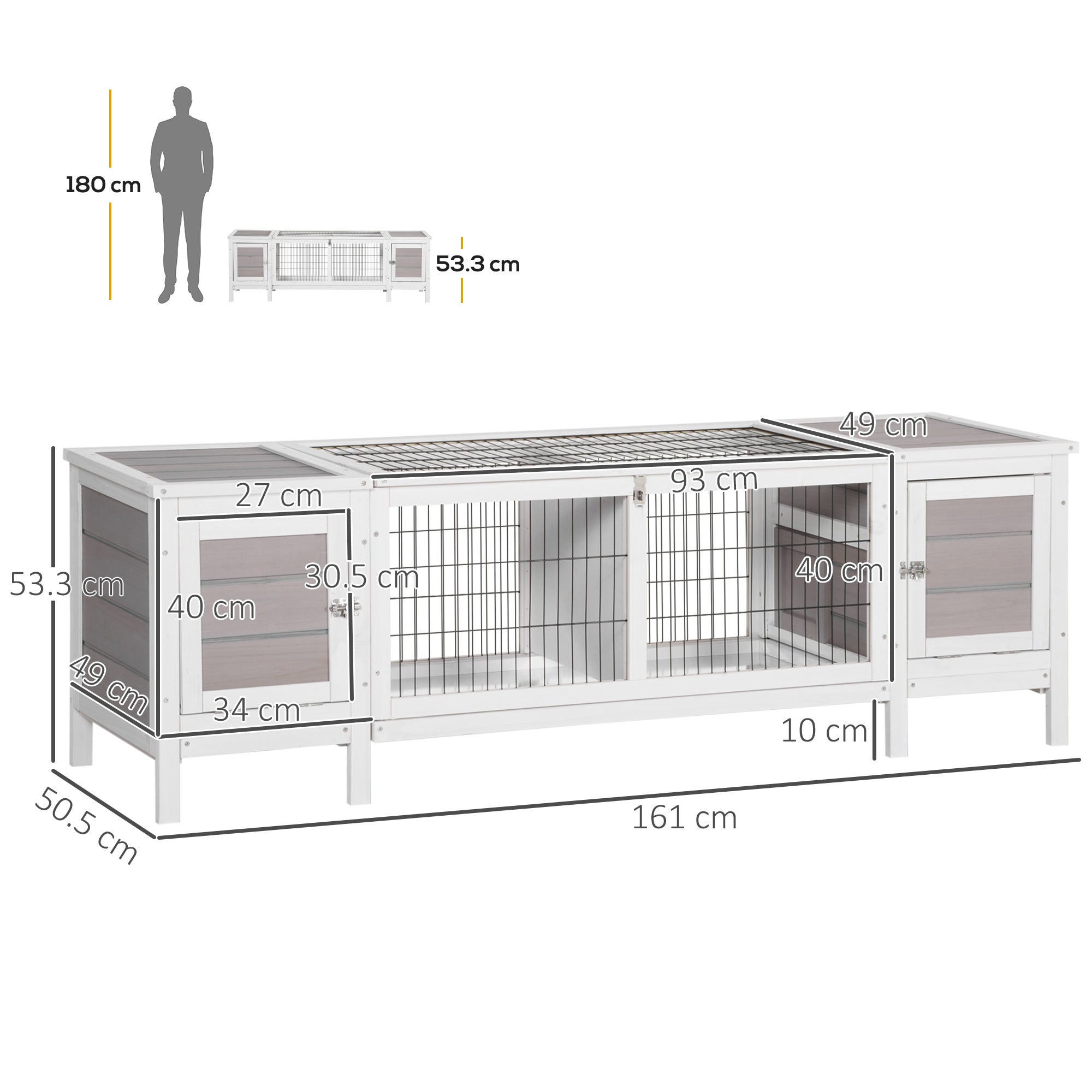 Wooden Rabbit Hutch, Guinea Pig Cage, Separable Bunny Run, Small Animal House for Indoor with Slide-out Tray, 161 x 50.5 x 53.3cm, Grey