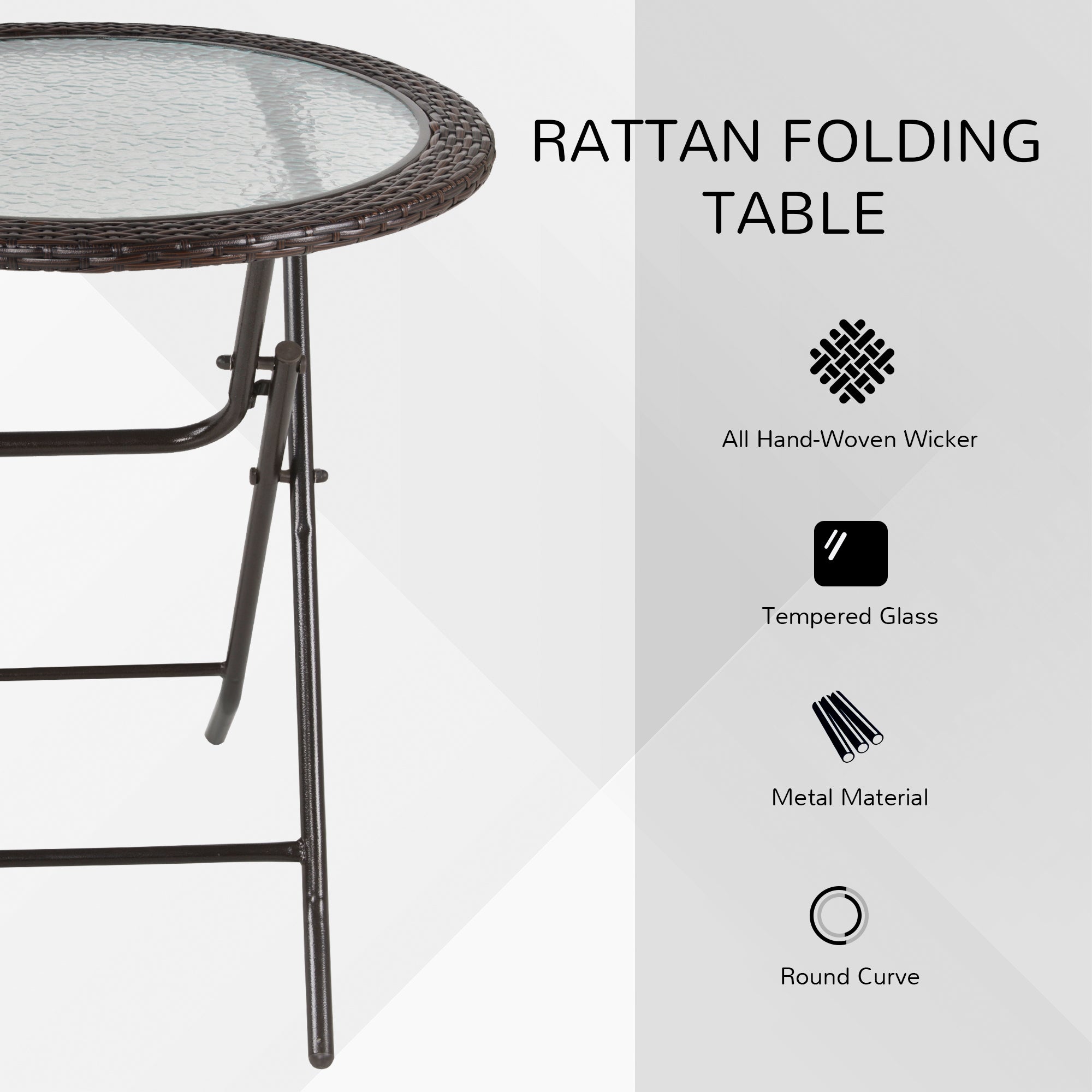 Folding Round Tempered Glass Metal Table with Brown Rattan Edging