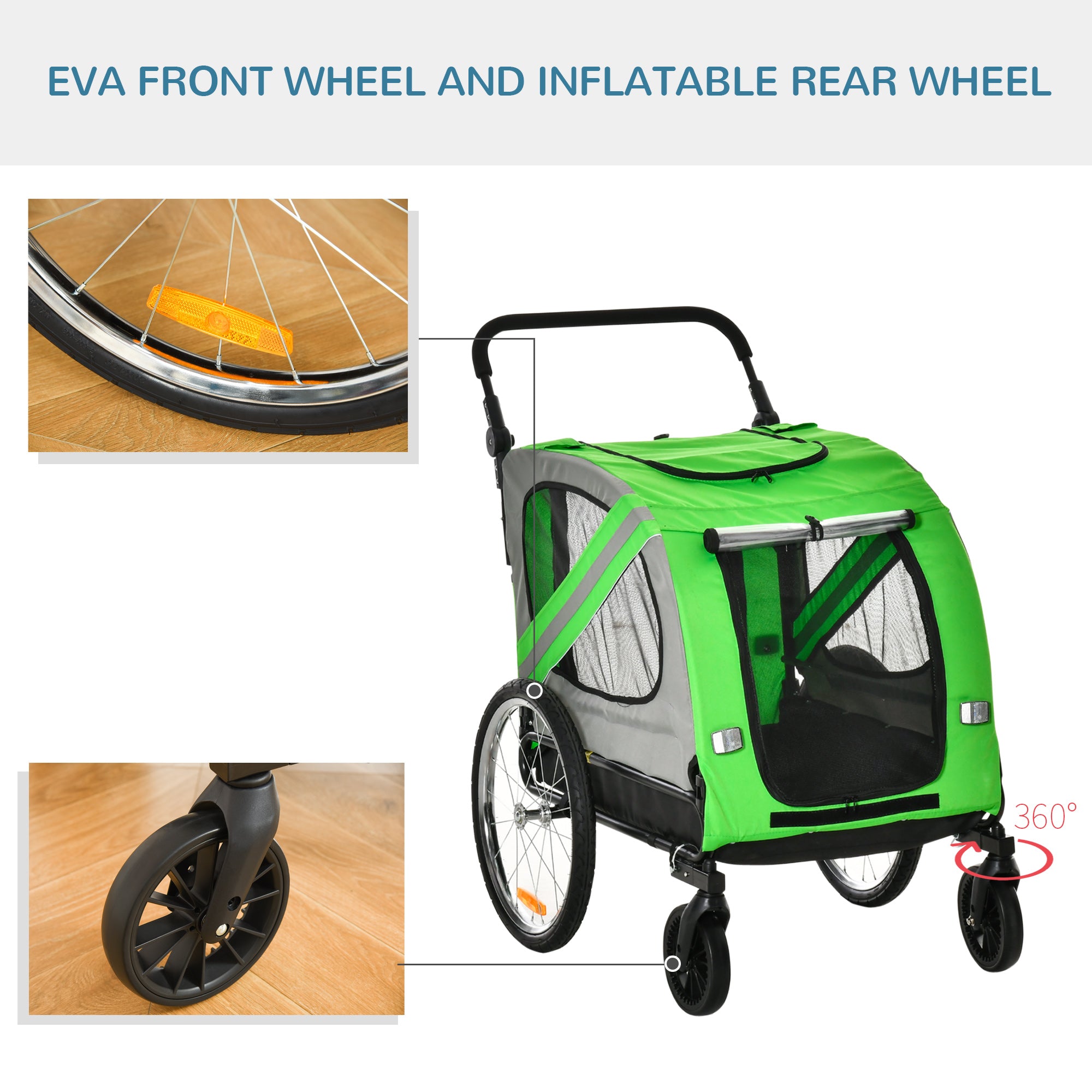 Dog Bike Trailer 2-in-1 Pet Stroller Cart Bicycle Carrier Attachment for Travel in steel frame with Universal Wheel Reflectors Flag Green