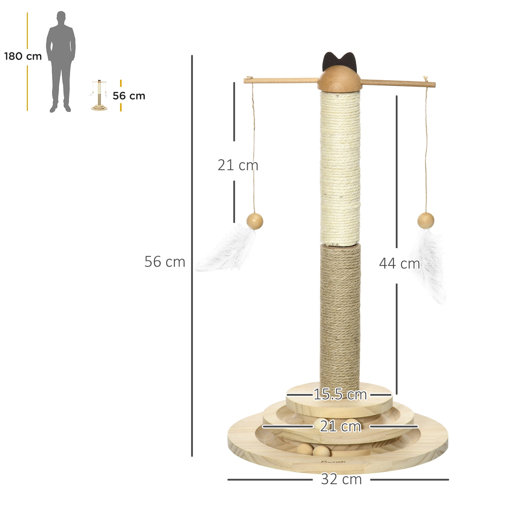 56cm Cat Tree, Kitty Activity Center with Turntable Interactive Ball Toy, Cat Tower with Jute & Sisal Scratching Post, Natural