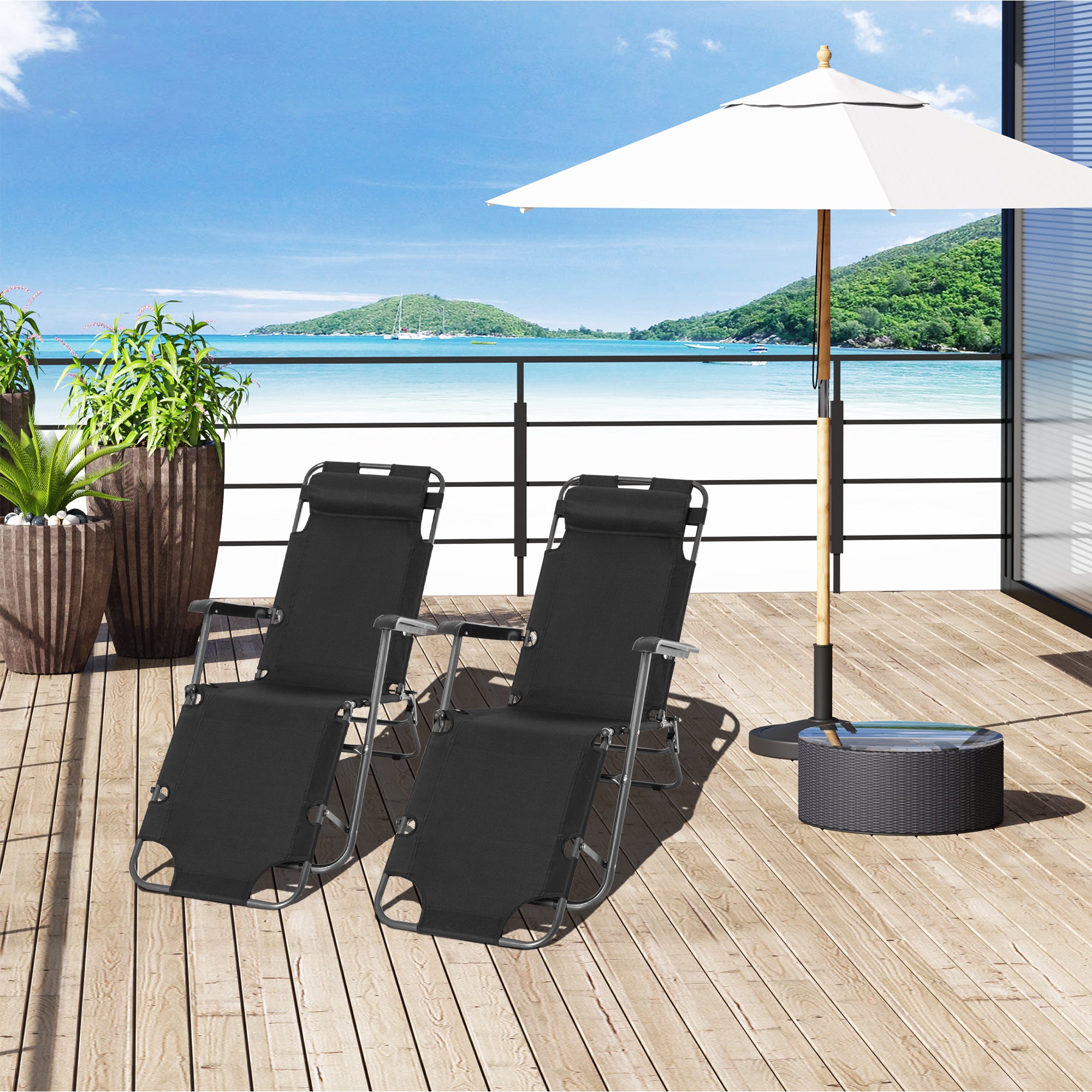 2 Pieces Foldable Sun Loungers with Adjustable Back, Outdoor Reclining Garden Chairs with Pillow and Armrests, Black