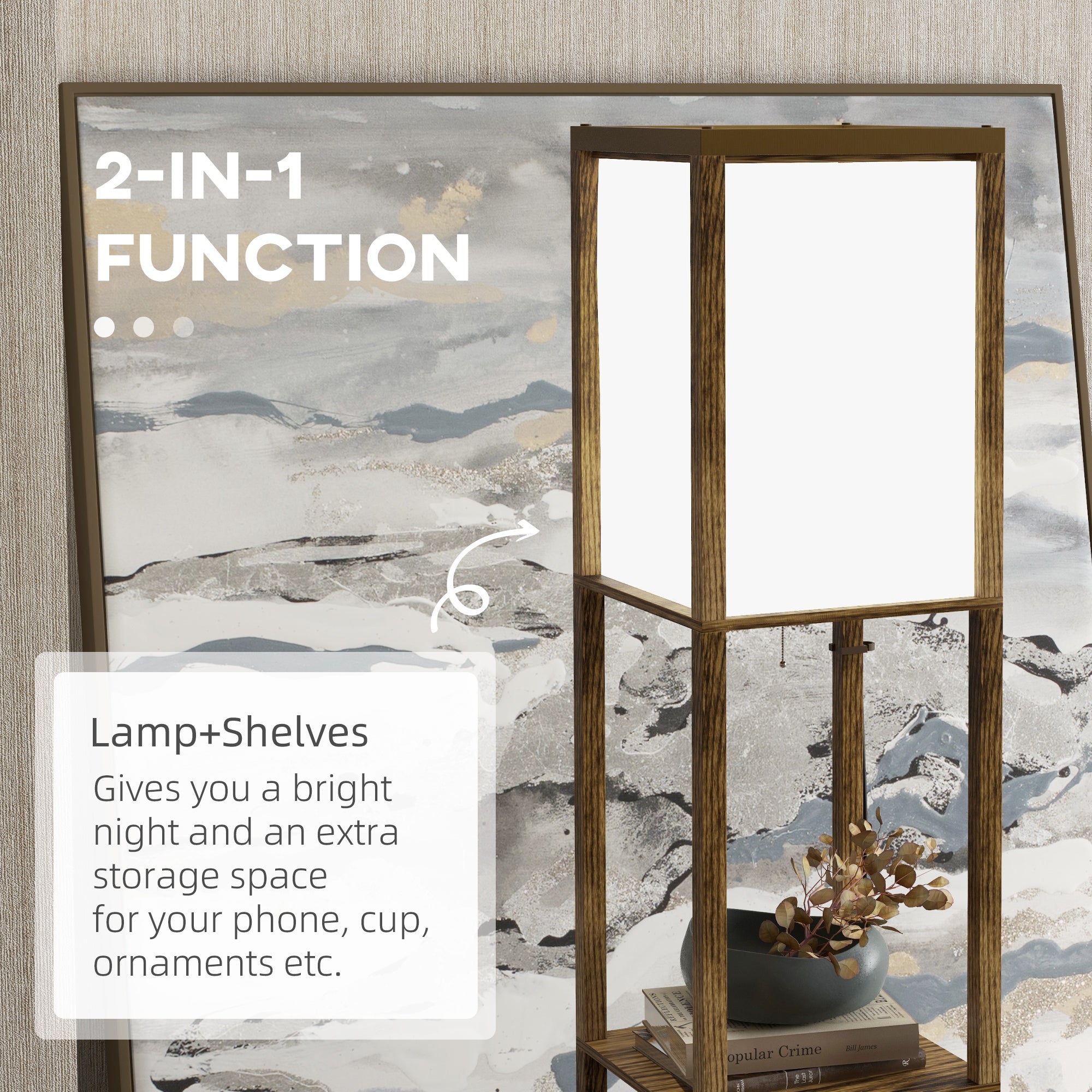 Modern Floor Lamp with Dual Ambient Lights and Shelves 156cm - Brown