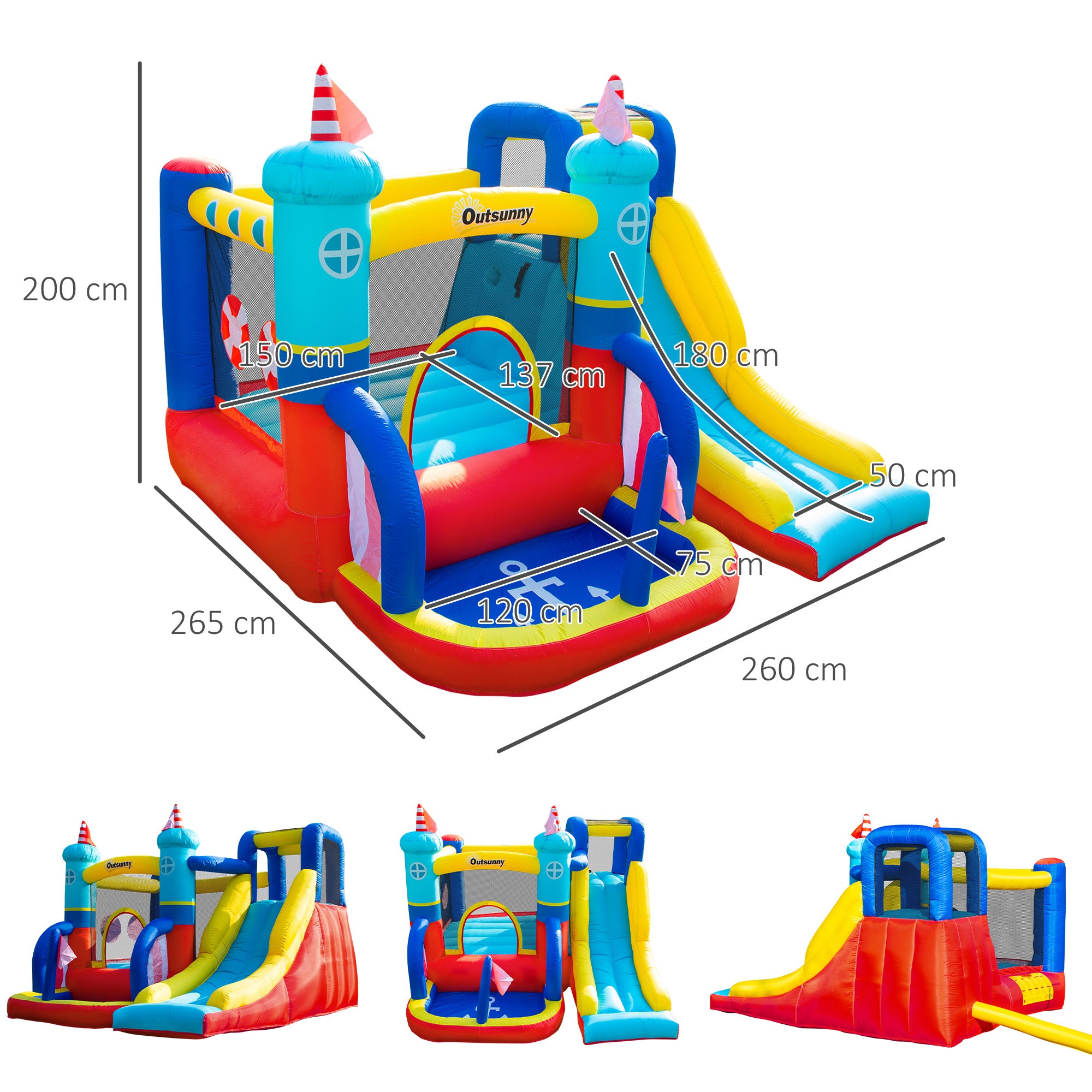 4 in 1 Kids Bounce Castle Large Sailboat Style Inflatable House Slide Trampoline Water Pool Climbing Wall for Kids Age 3-8, 2.65 x 2.6 x 2m