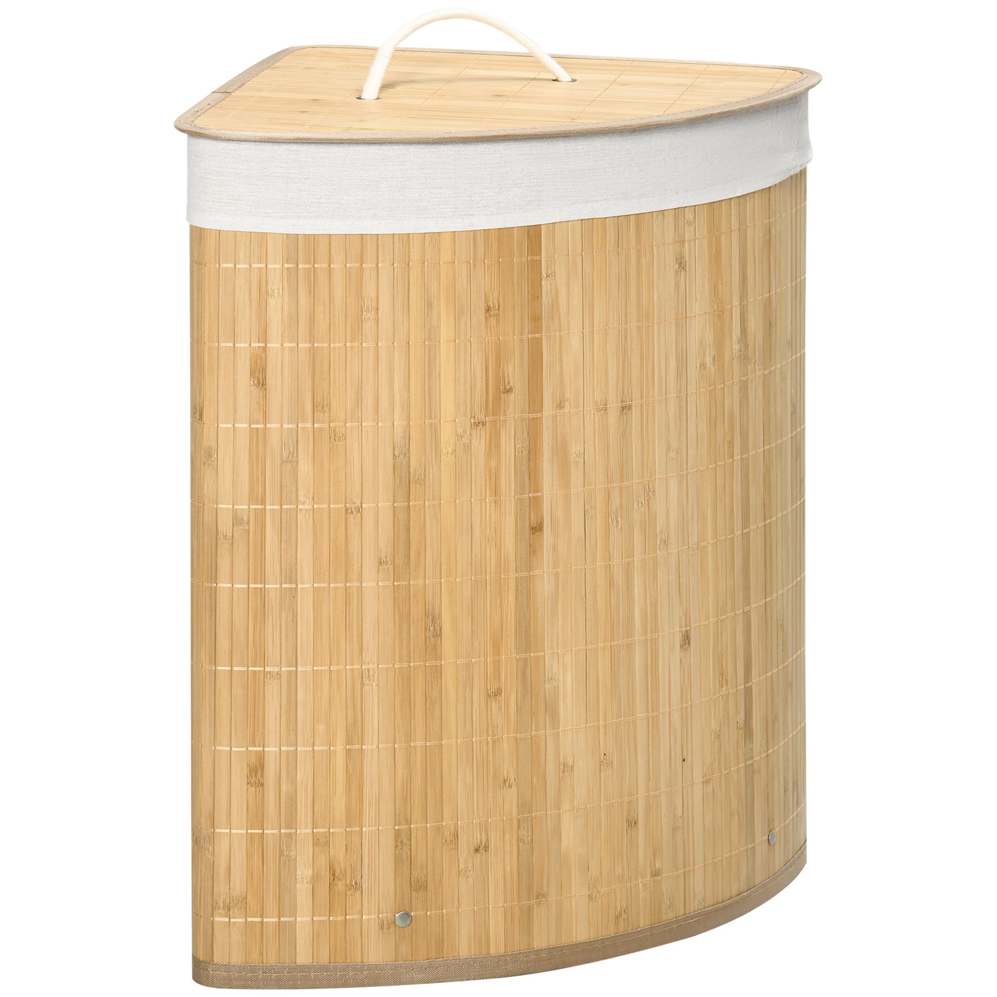 Bamboo Laundry Basket with Lid, 55 Litres Laundry Hamper with Removable Washable Lining, Corner Washing Baskets, 38 x 38 x 57cm, Natural