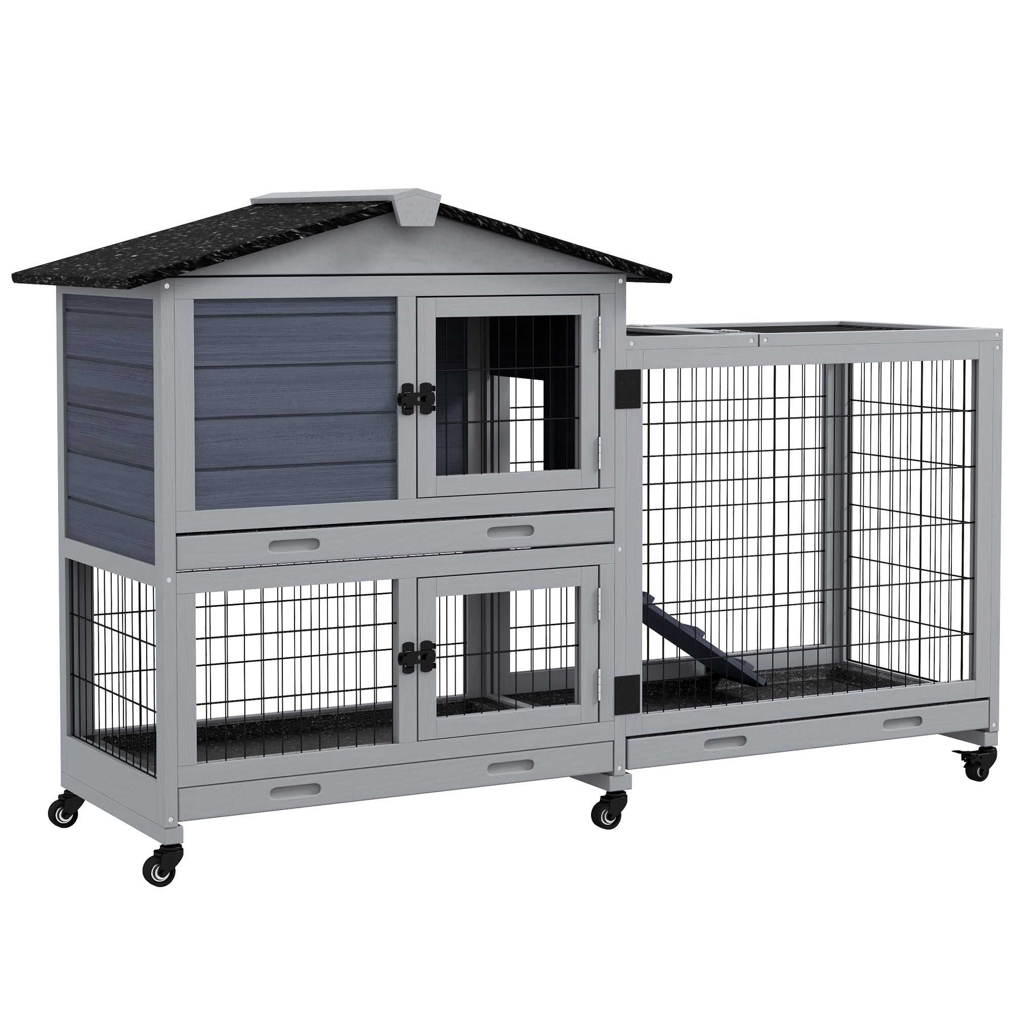 Portable Rabbit Cage, Rabbit Hutch with Run, Wheels, 3 Slide-out Trays, Ramp, Openable Top for Outdoor Indoor - Grey