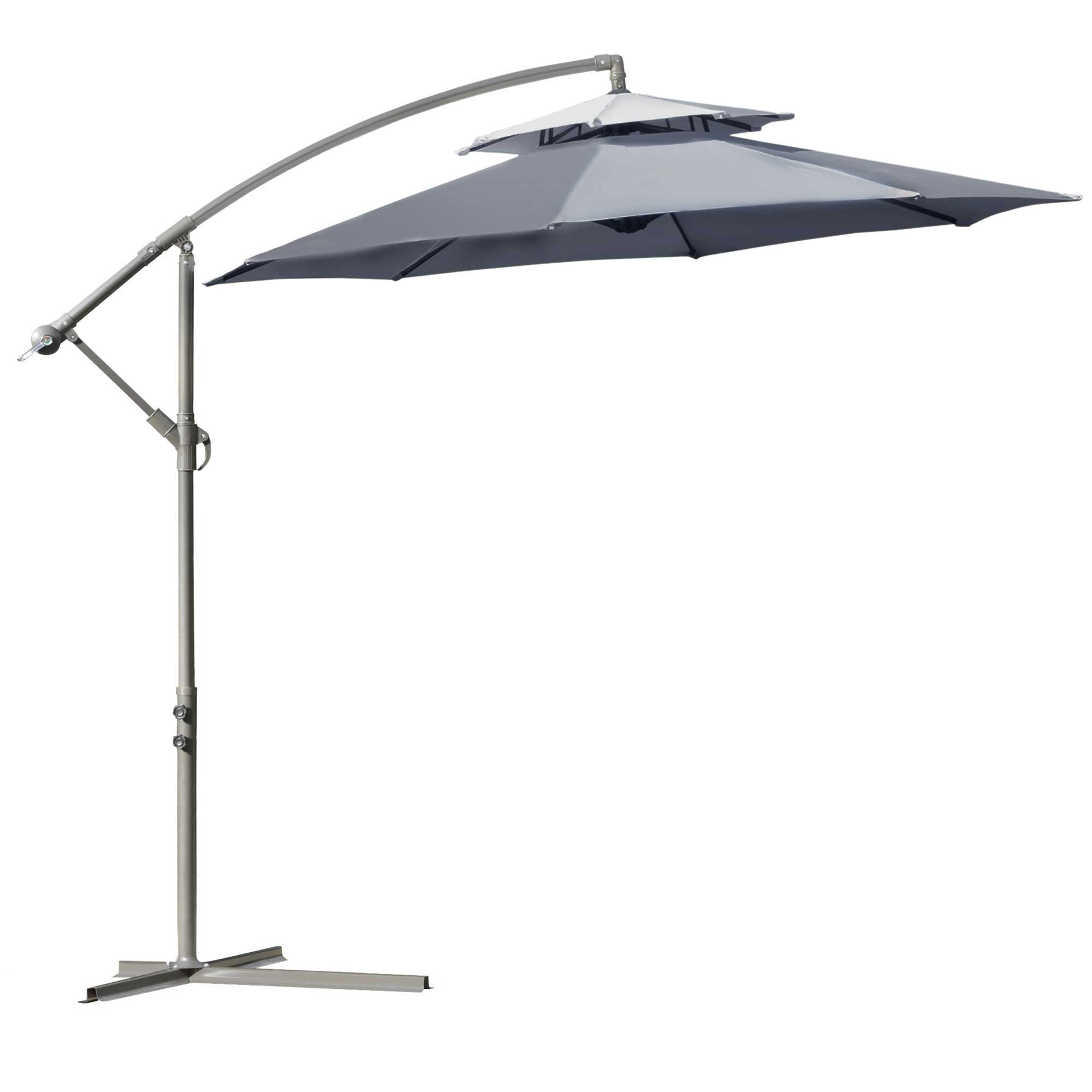 2.7m Garden Banana Parasol Cantilever Umbrella with Crank Handle, Double Tier Canopy and Cross Base for Outdoor, Hanging Sun Shade, Dark Grey