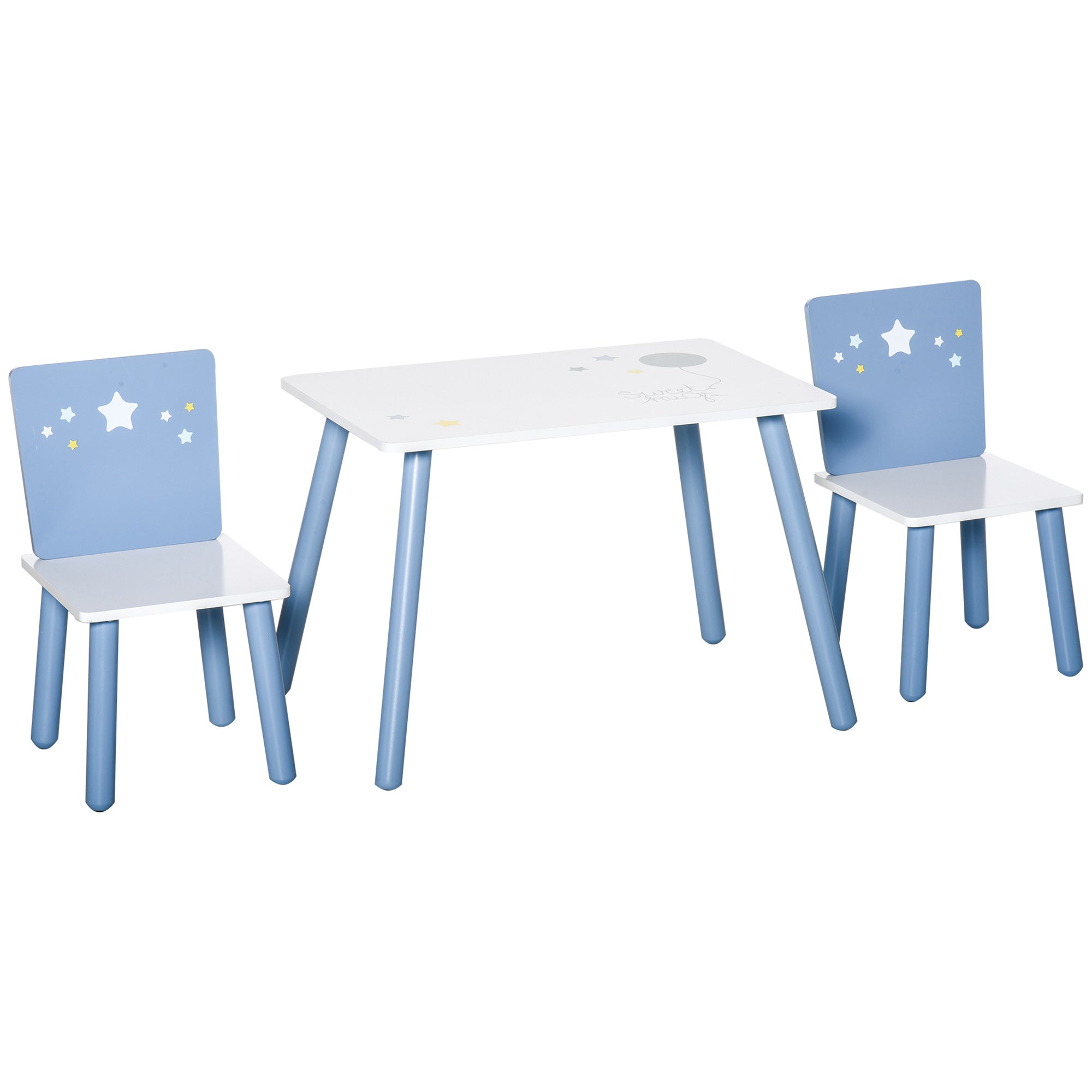 Kids Table and Chairs Set 3 Pieces 1 Table 2 Chairs Toddler Wooden Multi-usage Easy Assembly Star Image Ornament Blue and White