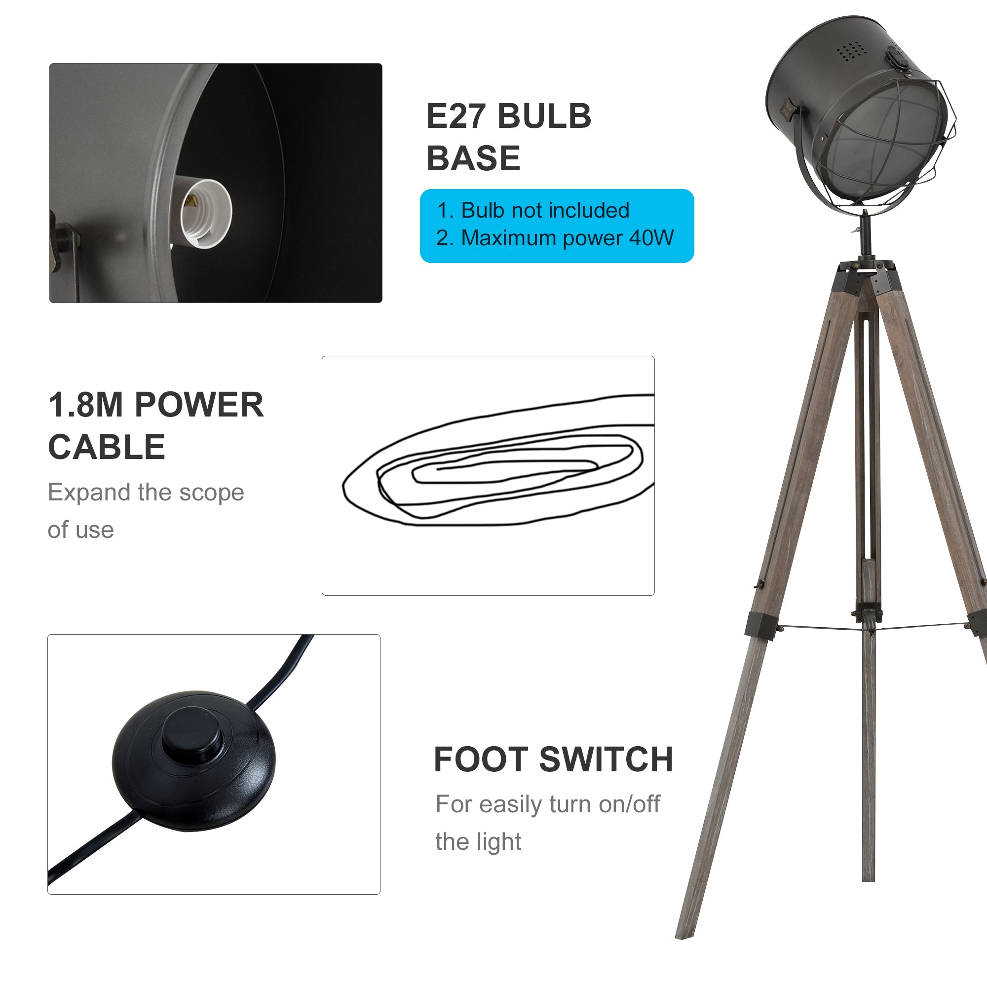 Industrial Tripod Floor Lamp with Vintage Spotlight and Wooden Legs E27 Base - Grey