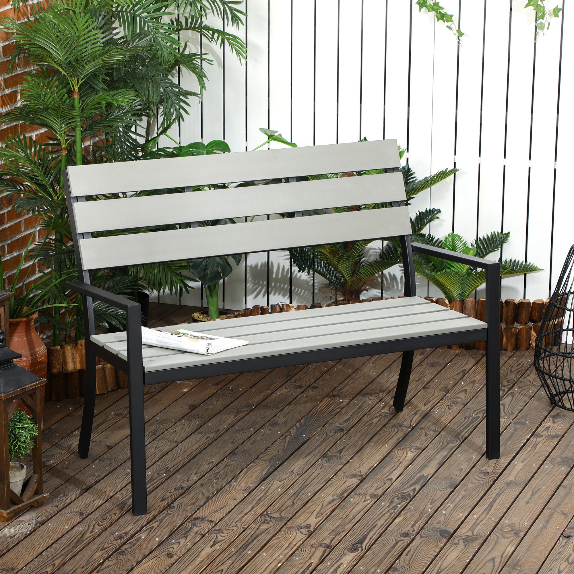 2 Seater Garden Bench, Slatted Outdoor Bench with Steel Frame, Garden Loveseat, 122 x 65 x 92 cm, Grey