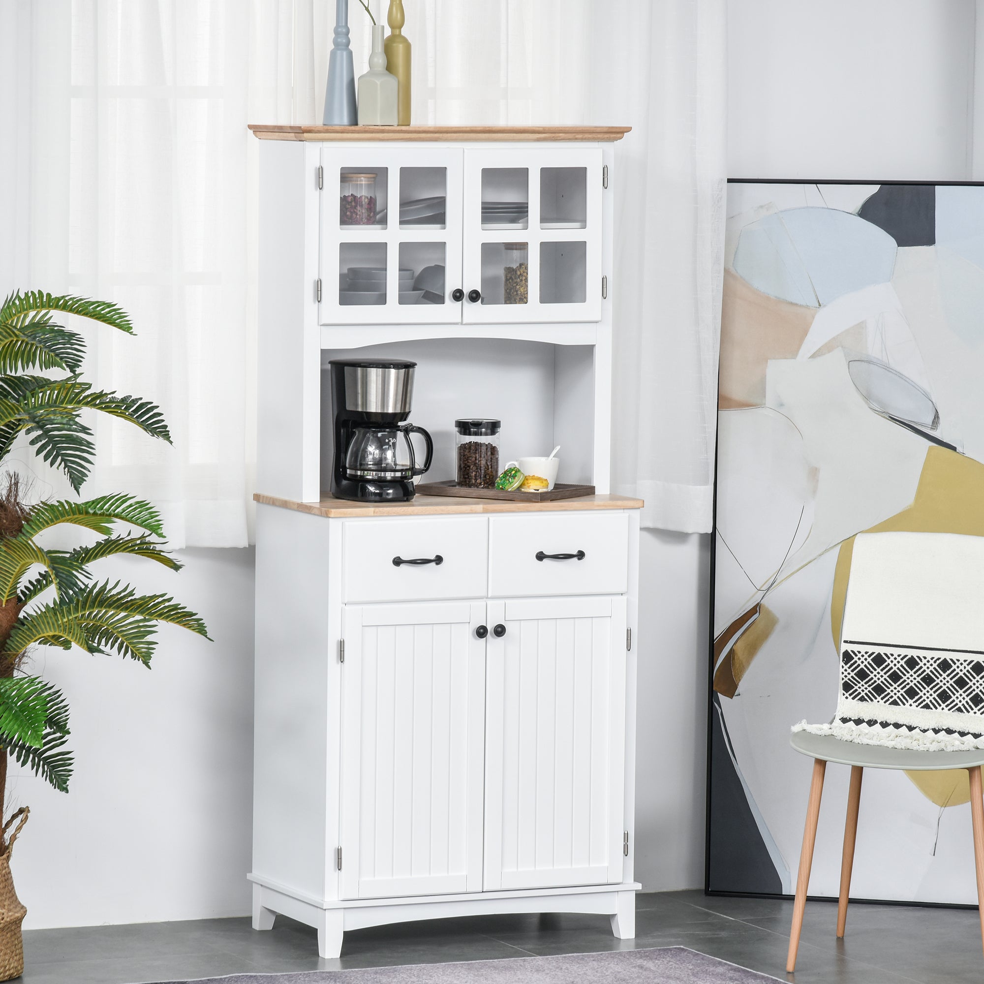 Freestanding Kitchen Cupboard, Kitchen Storage Cabinet with Framed Glass Doors, 2 Drawers, Microwave Counter, White