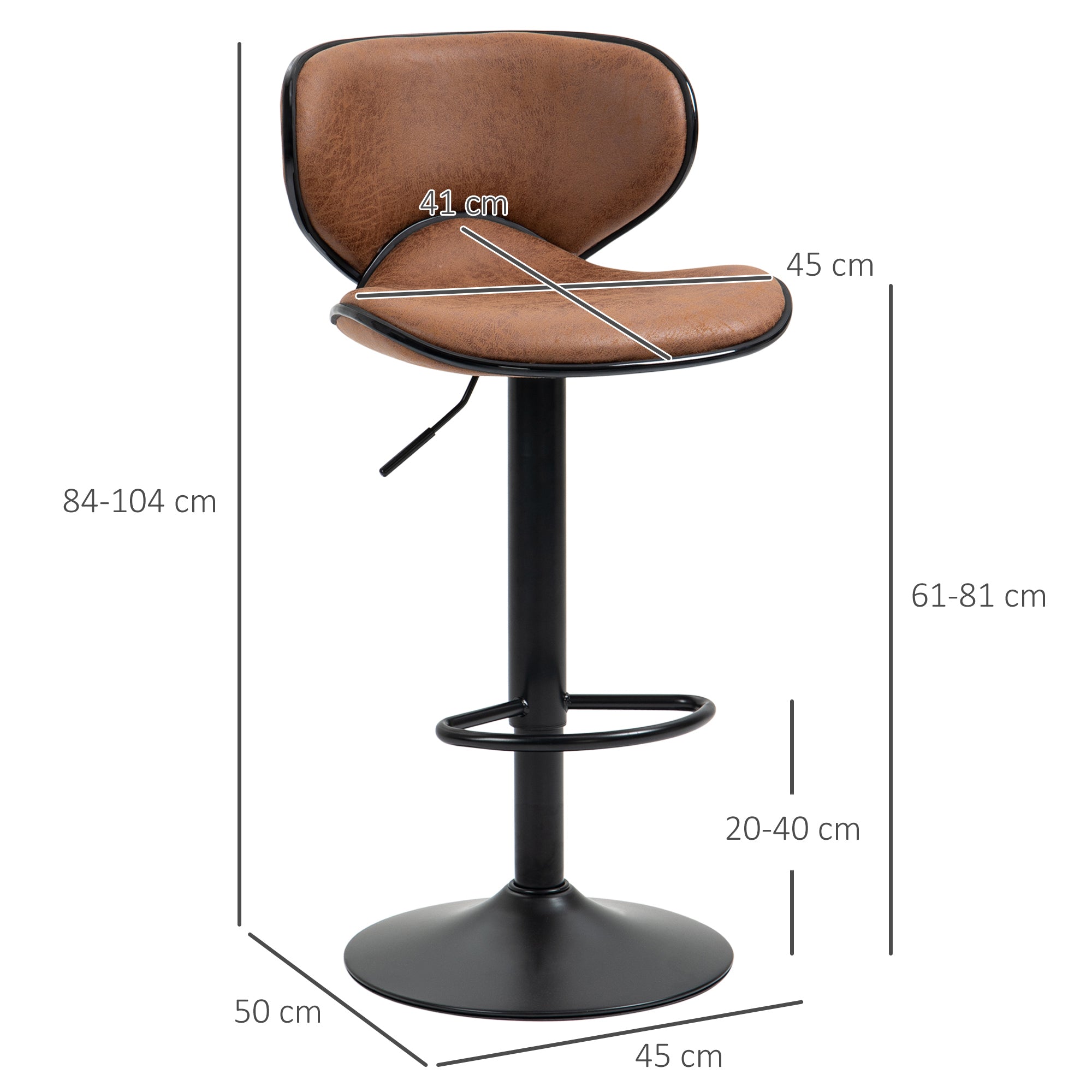 Set of 2 Adjustable Height Microfiber Bar Stools with Swivel Armless Seats - Brown