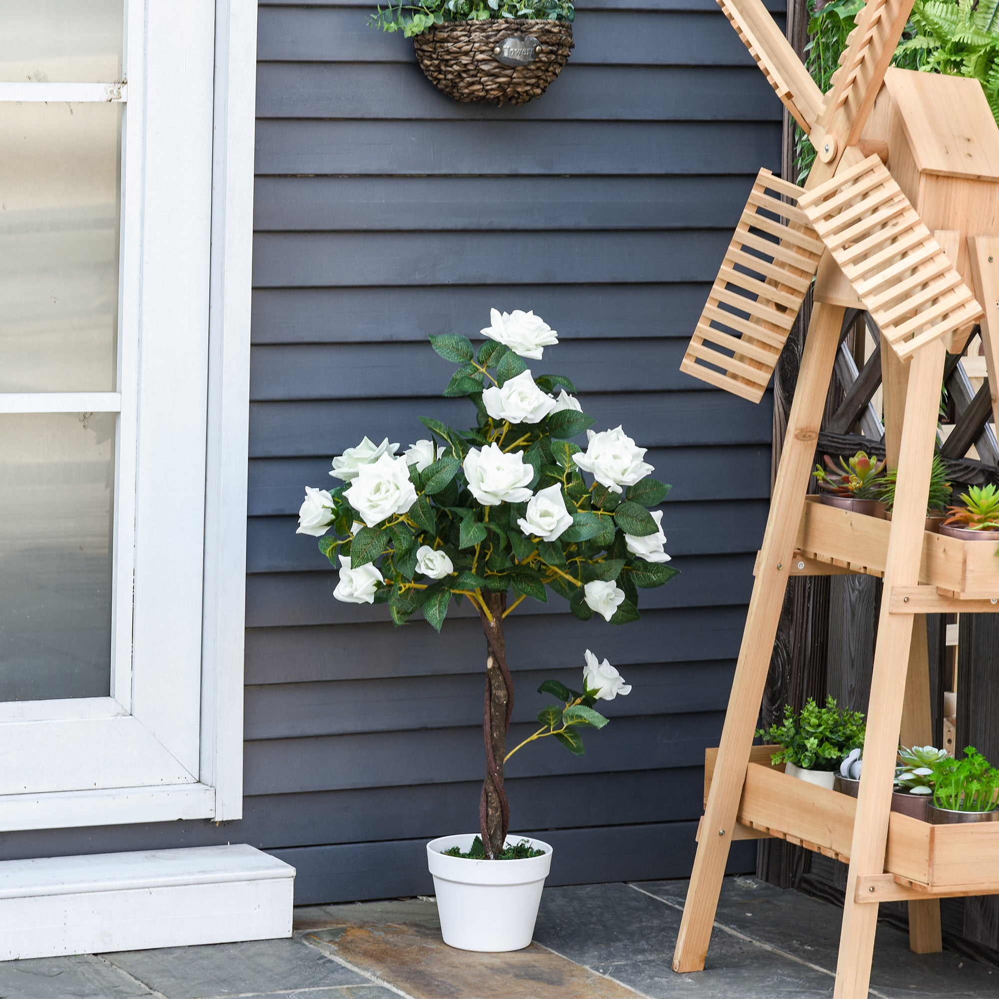Set of 2 Artificial White Rose Plants in Cement Pots 90cm - White