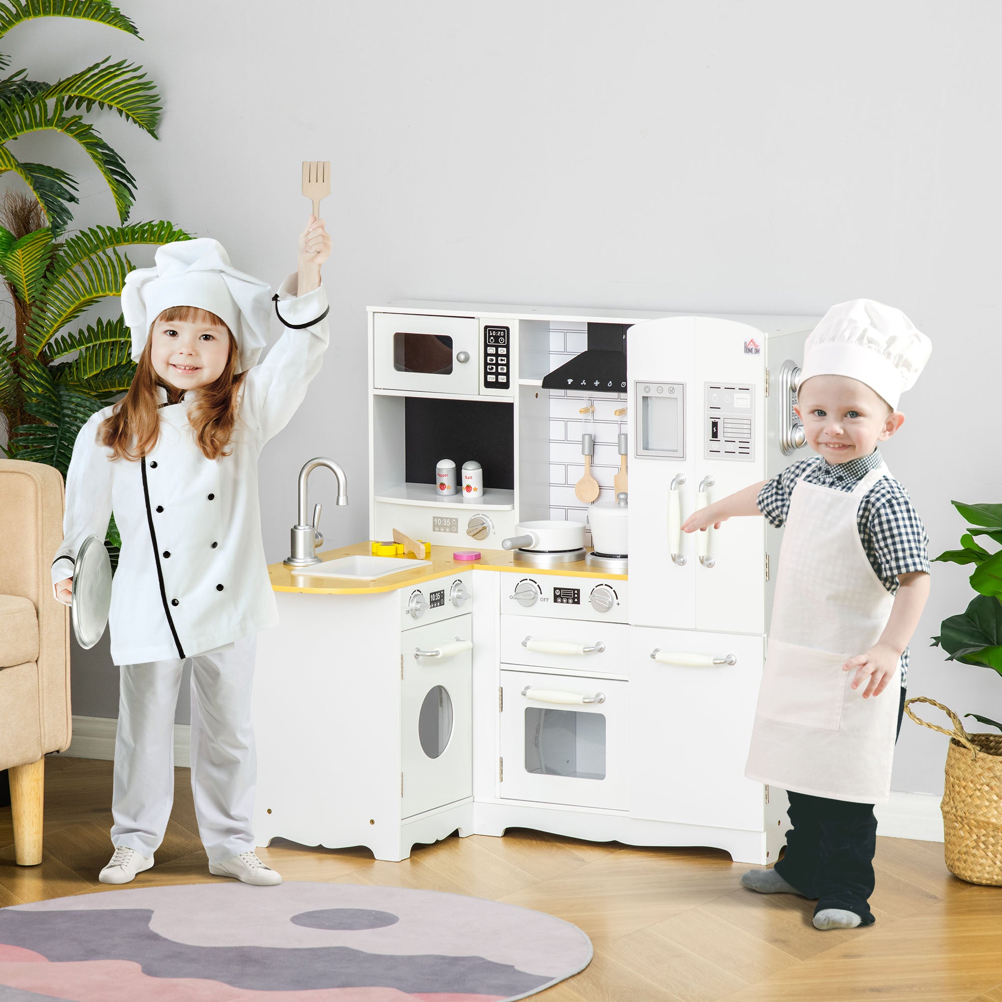 Kids Wooden Kitchen, Large Pretend Role Play Kitchen w/ Realistic Refrigerator, Microwave, Oven, Range Hood, Sink, Telephone