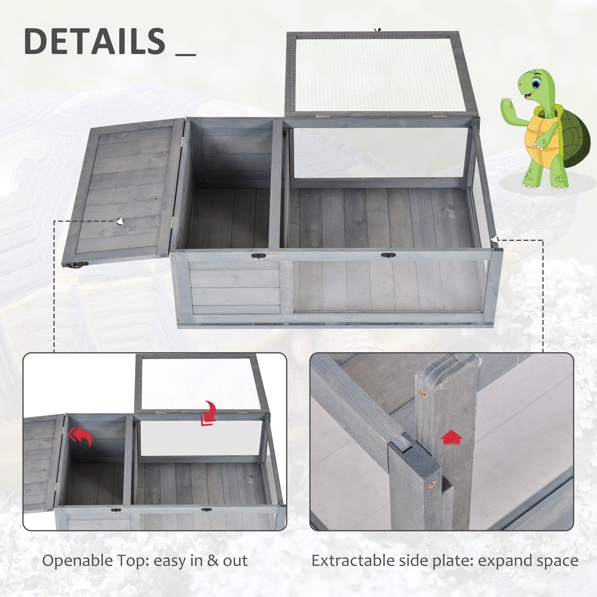 Tortoise House with Mesh Roof, Small Pet Reptile Wooden House, Tortoise Enclosure with Pulled-out Side Panel for Indoor, Outdoor, Grey