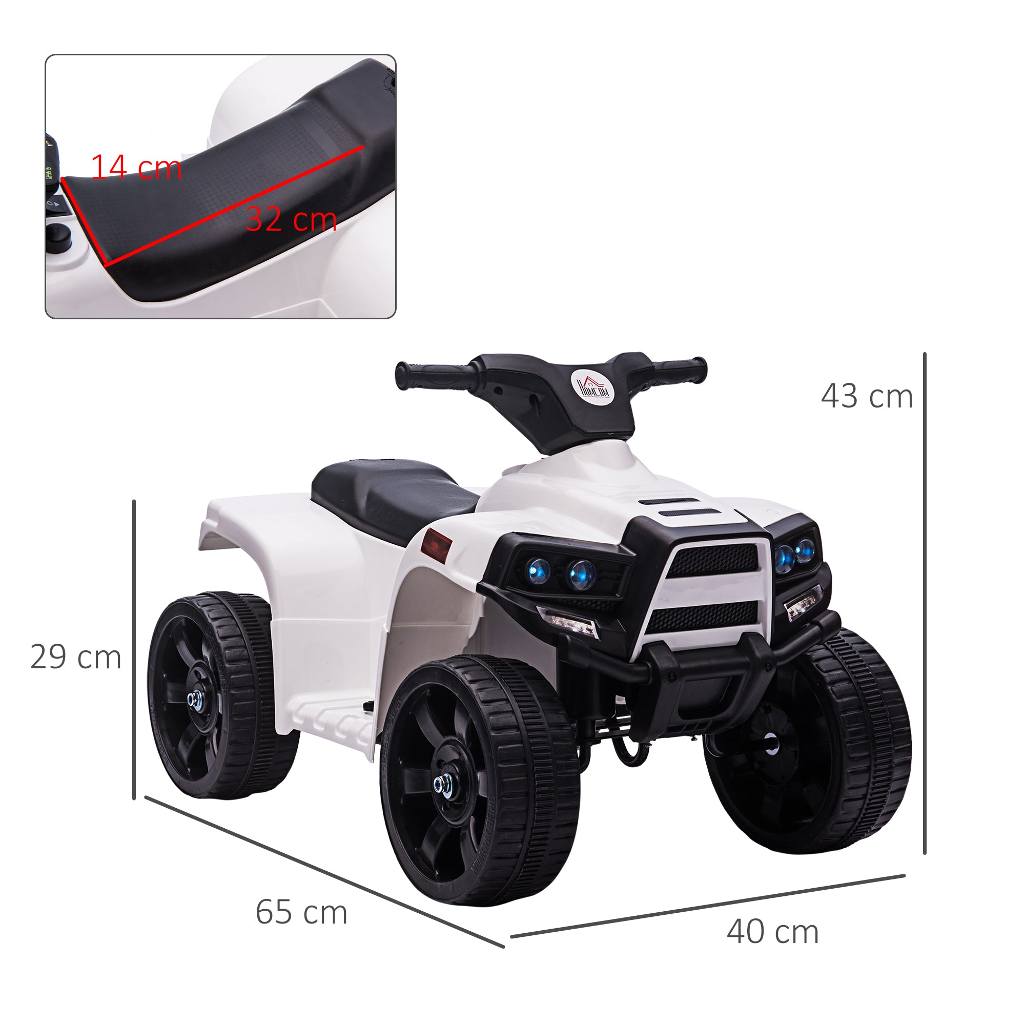 6 V Kids Ride on Cars Quad Bike Electric ATV Toy Quad Bike for Toddlers w/ Headlights Battery Powered for 18-36 months White+Black