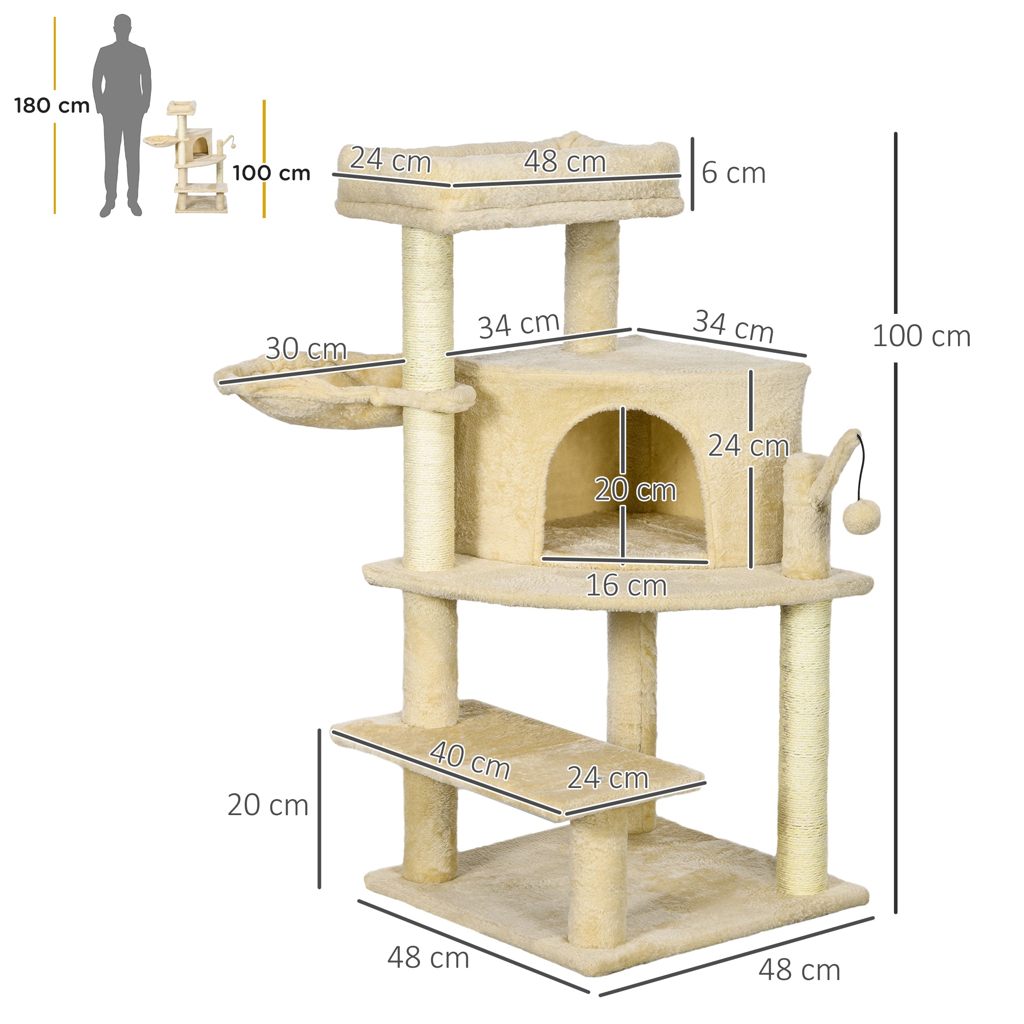 Sisal 100cm Cat Tree Tower with Sisal Scratching Post Cream White