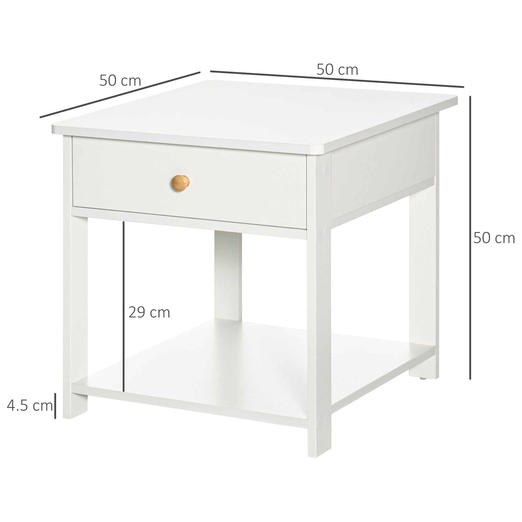 Bedside Table with Drawer and Bottom Shelf, Square Side End Table for Bedroom, Living Room, White, Set of 2