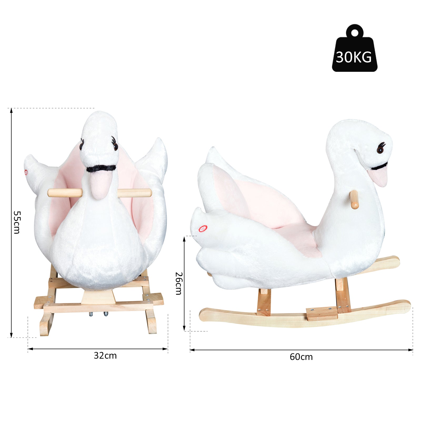 Swan Rocking Horse Kids Wooden Ride On Plush Toy w/ Music