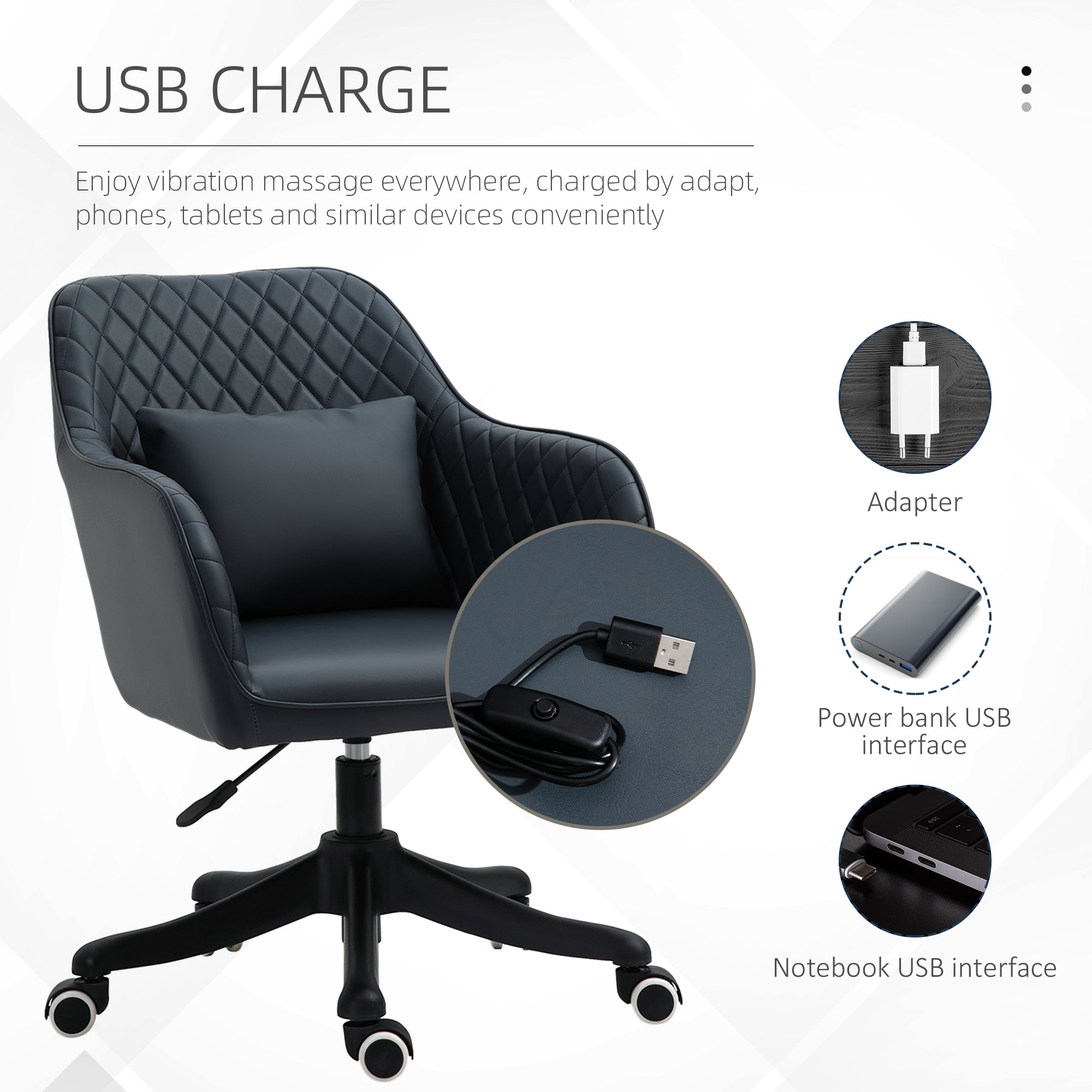 PU Leather Office Chair with Rechargeable Electric Vibration Massage Lumbar Pillow, Wheels, Blue