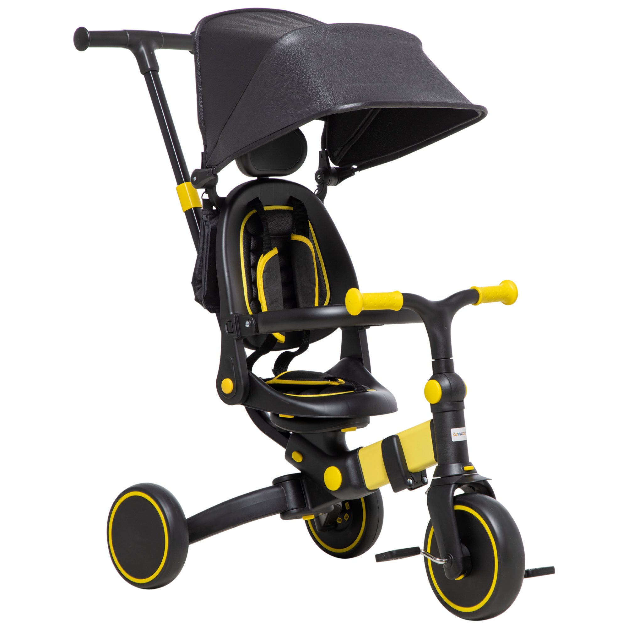 3-in-1 Tricycle for Kids with Aluminium Frame, Baby Trike with Adjustable Push Handle, Canopy and Seat Angle for 18-48 Months, Yellow