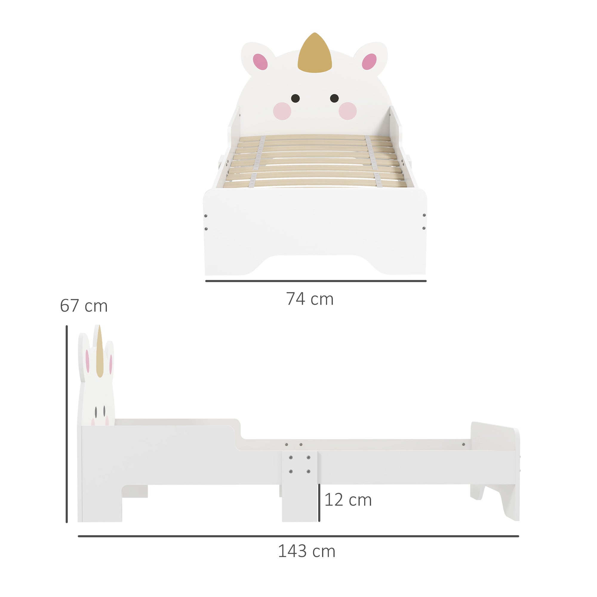 Toddler Bed, Kids Bedroom Furniture Unicorn Design for 3-6 Years Old, 143 x 74 x 67 cm, White