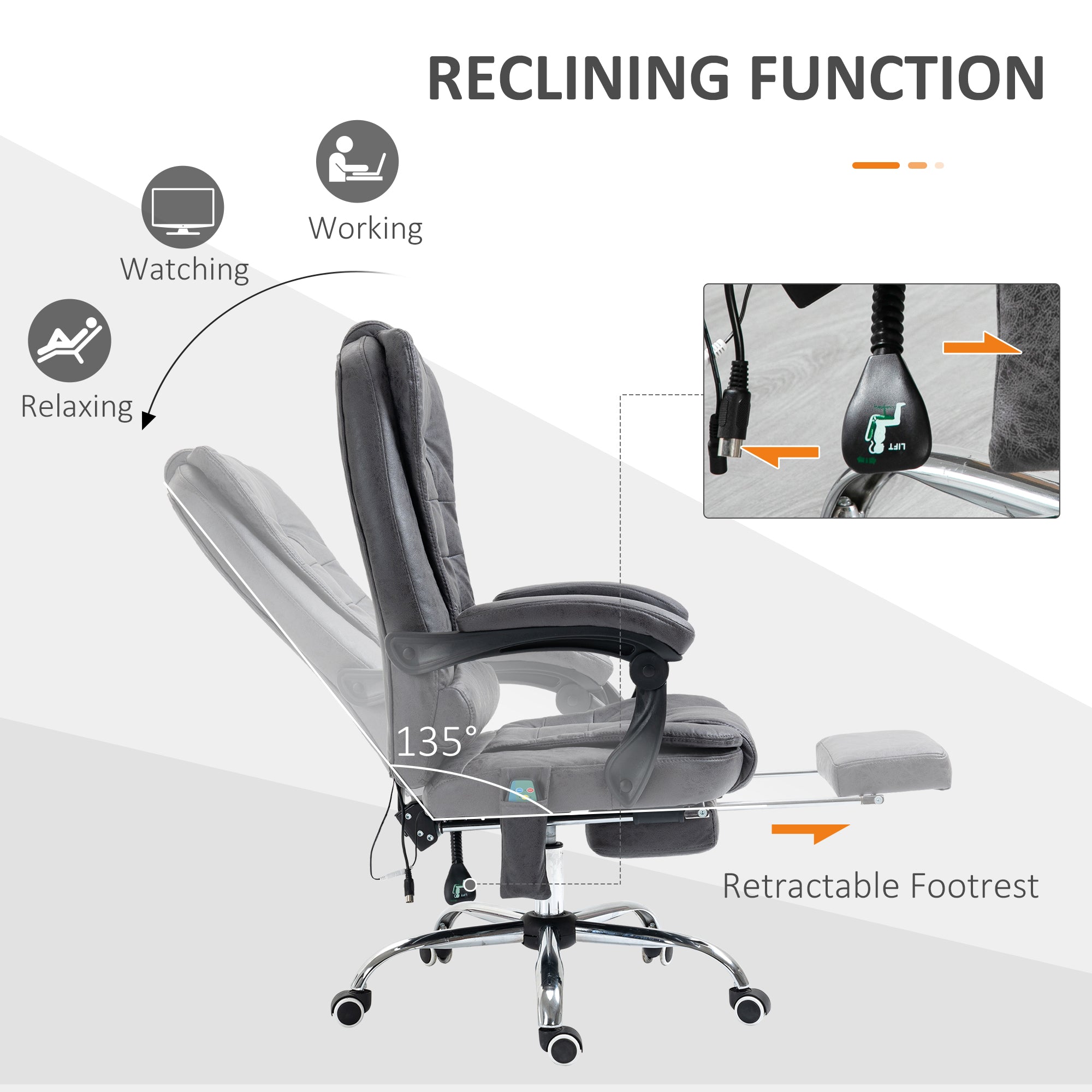 Heated 6 Points Vibration Massage Executive Office Chair Adjustable Swivel Ergonomic High Back Desk Chair Recliner with Footrest Dark Grey