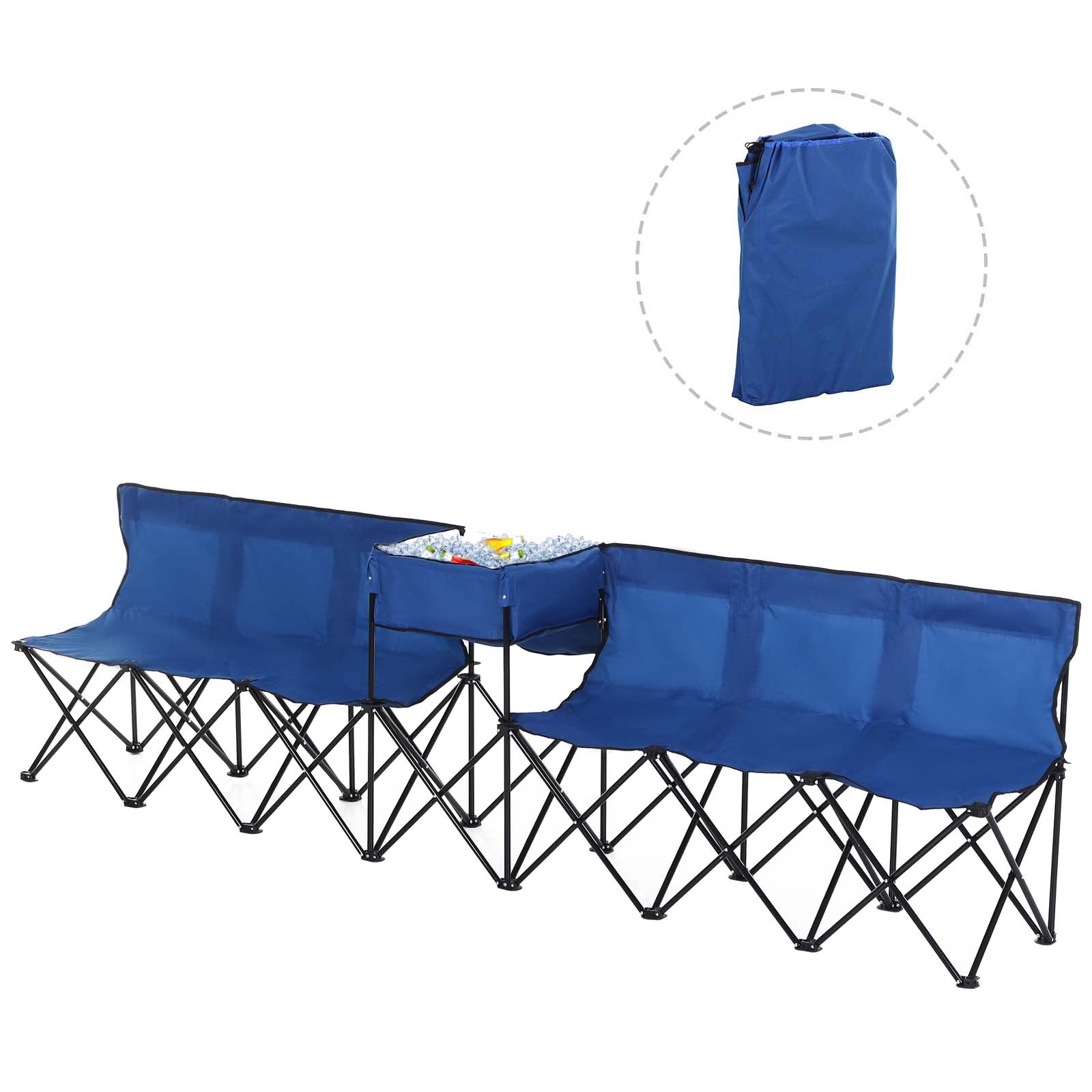 6 Seater Folding Steel Camping Bench with Cooler Bag Blue