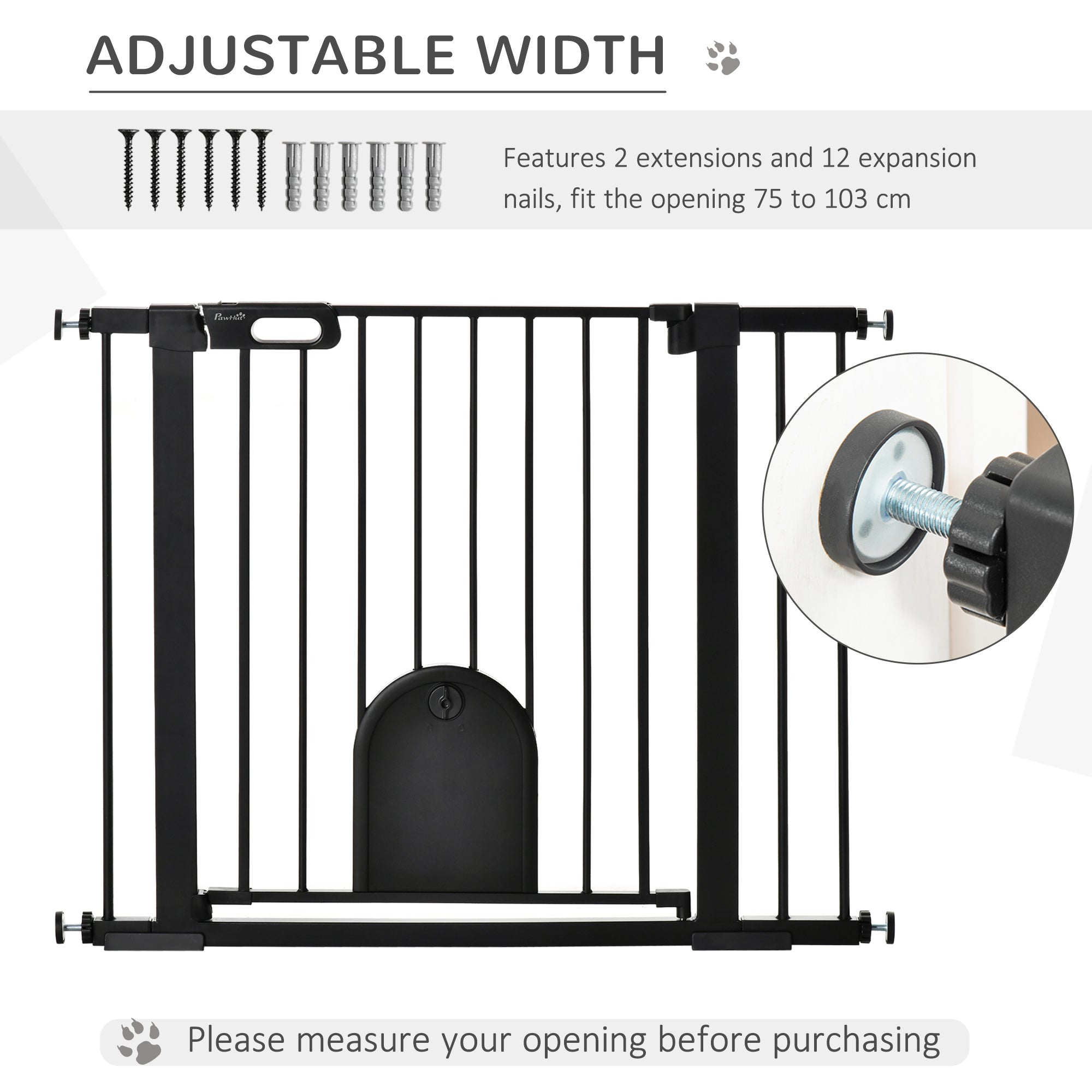 75-103 cm Extra Wide Pet Safety Gate Barrier, Stair Pressure Fit, w/ Small Door, Auto Close, Double Locking, for Doorways, Hallways, Black