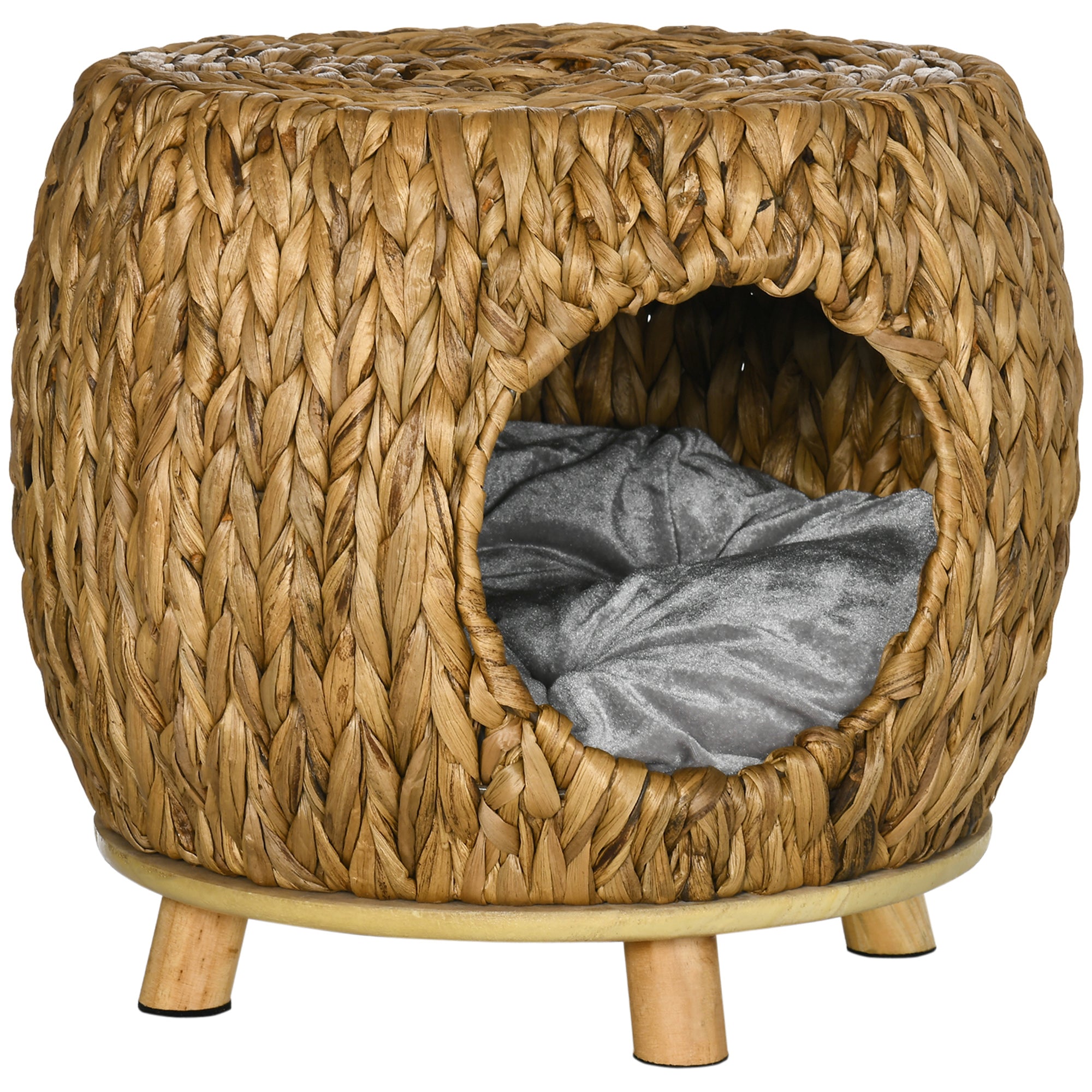 Wicker Cat Cave/House Stool with Soft Washable Cushion,Rattan Kitten Bed for Outdoor & Indoor Use， 44 x 43 x 41cm