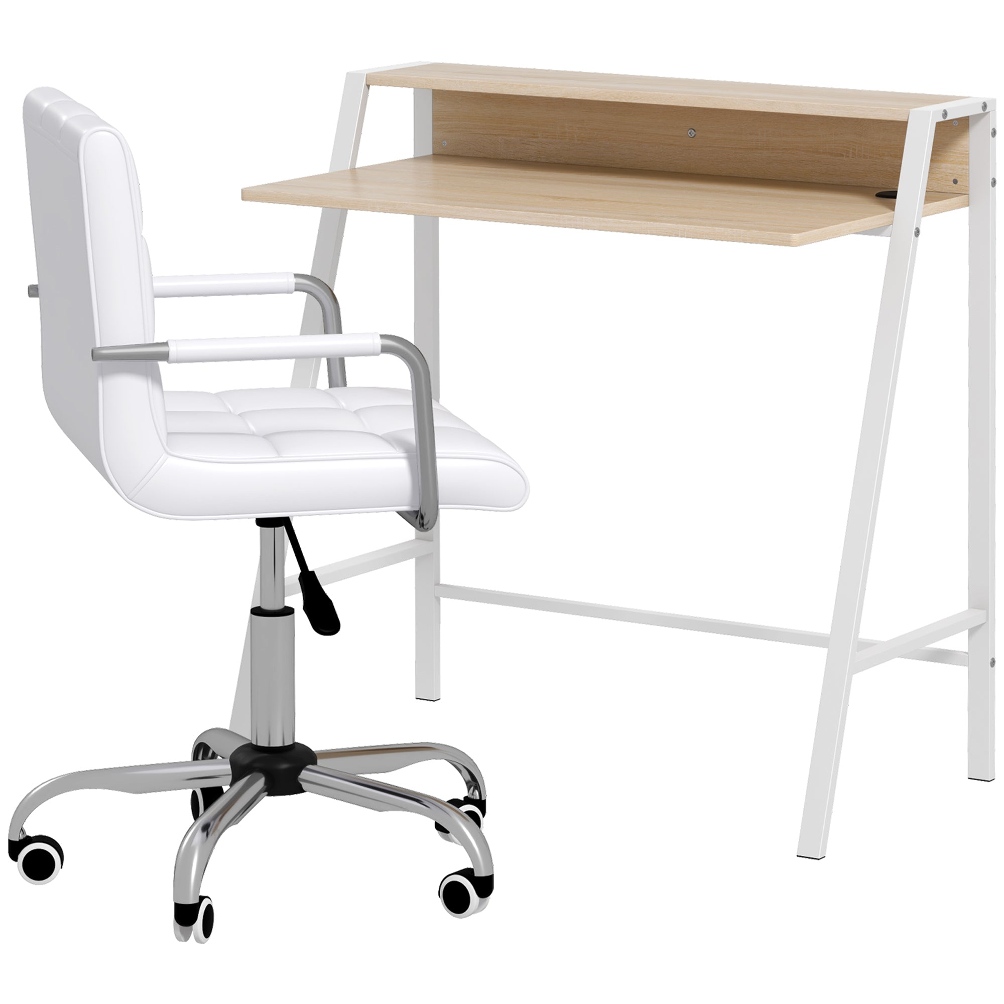 Home Office Chair and Computer Desk Set, Faux Leather Desk Chair with Swivel Wheels, Study Desk with Storage Shelf, White