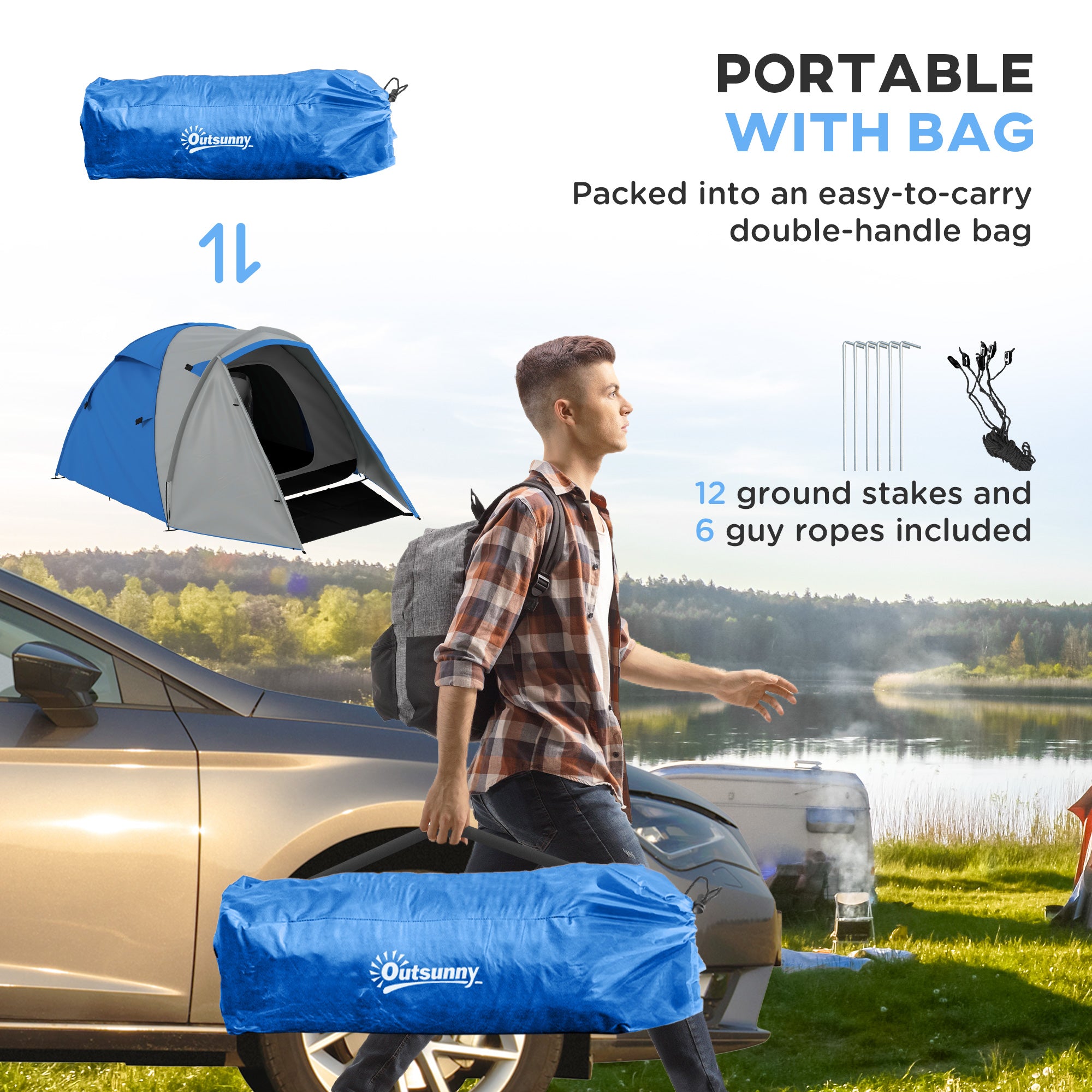 2-3 Man Camping Tent with 2 Rooms, 2000mm Waterproof Family Tent, Portable with Bag for Fishing Hiking Festival, Blue