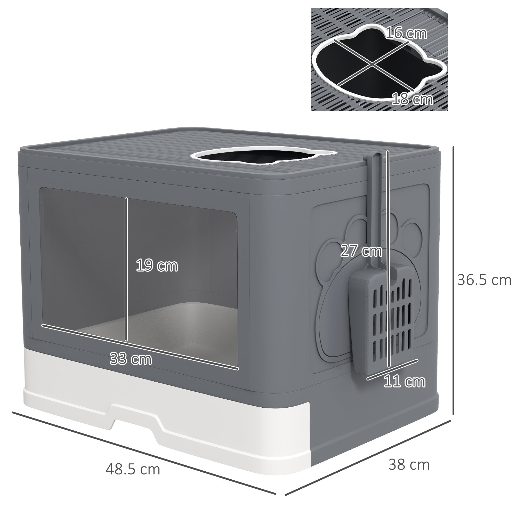 Cat Litter Box Enclosed with Lid Front Entry Top Exit, Drawer Tray, Scoop, Brush, 48.5 x 38 x 36.5cm - Grey