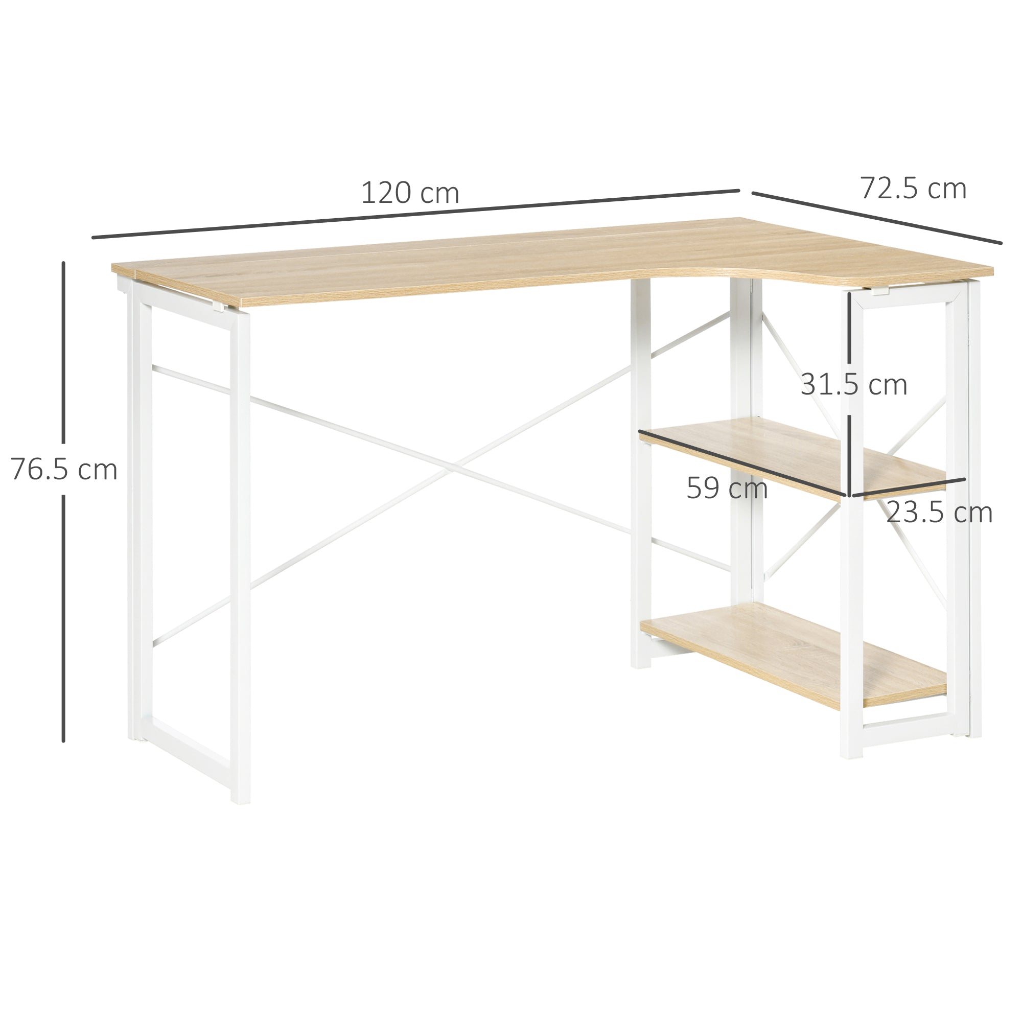 L-Shaped Computer Desk, Folding Home Office Corner Desk Study Workstation Table with 2 Shelves, Oak Tone