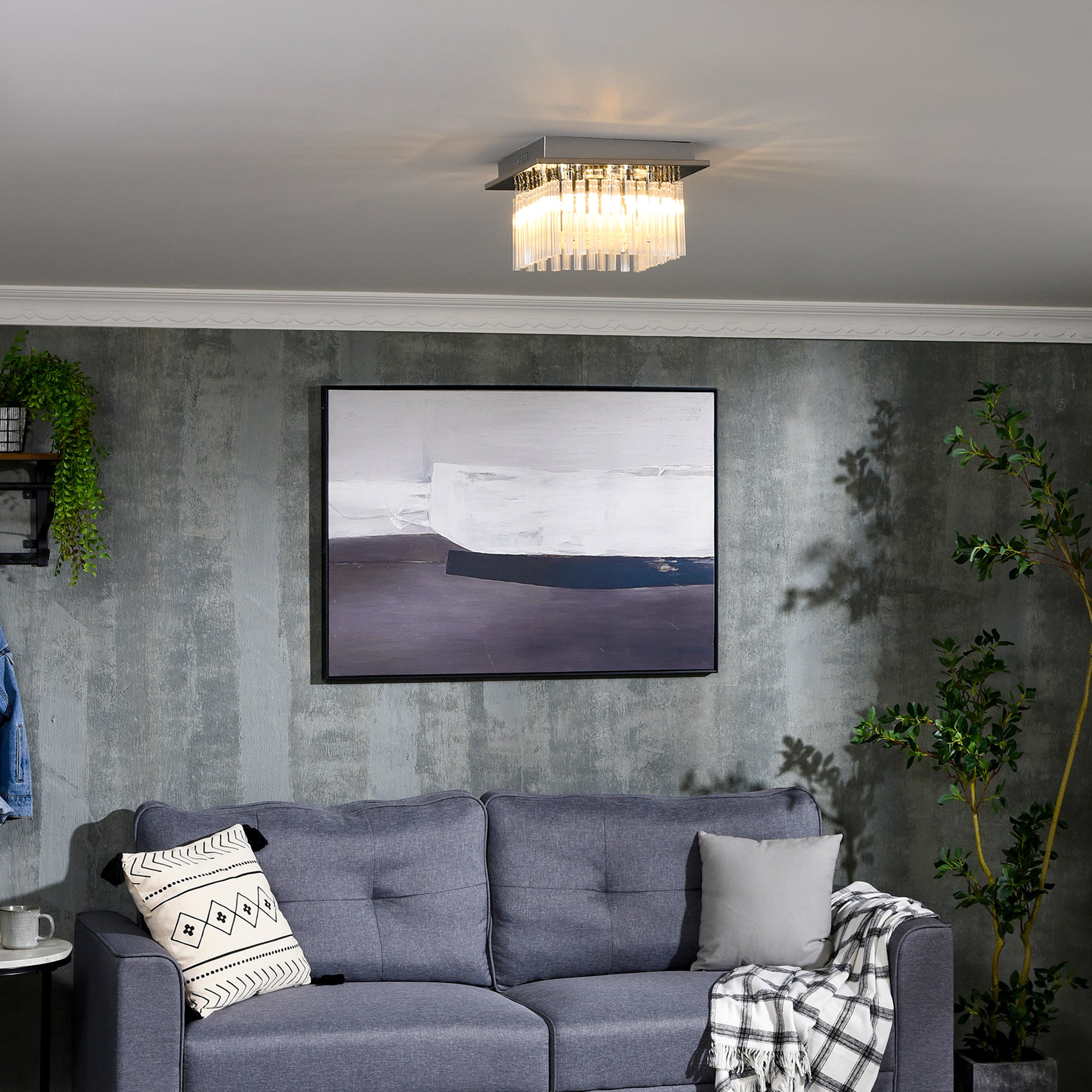 Modern Raindrop K9 Crystal Chandelier, Flush Mount Ceiling Light Fixture, Square Pendant Lamp for Living Room 4 G9 Bulbs Required 32W x 20H cm