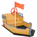 Kids Wooden Pirate Ship Sandpit Sandbox Playset with Bench and Bottom Liner - Natural Wood