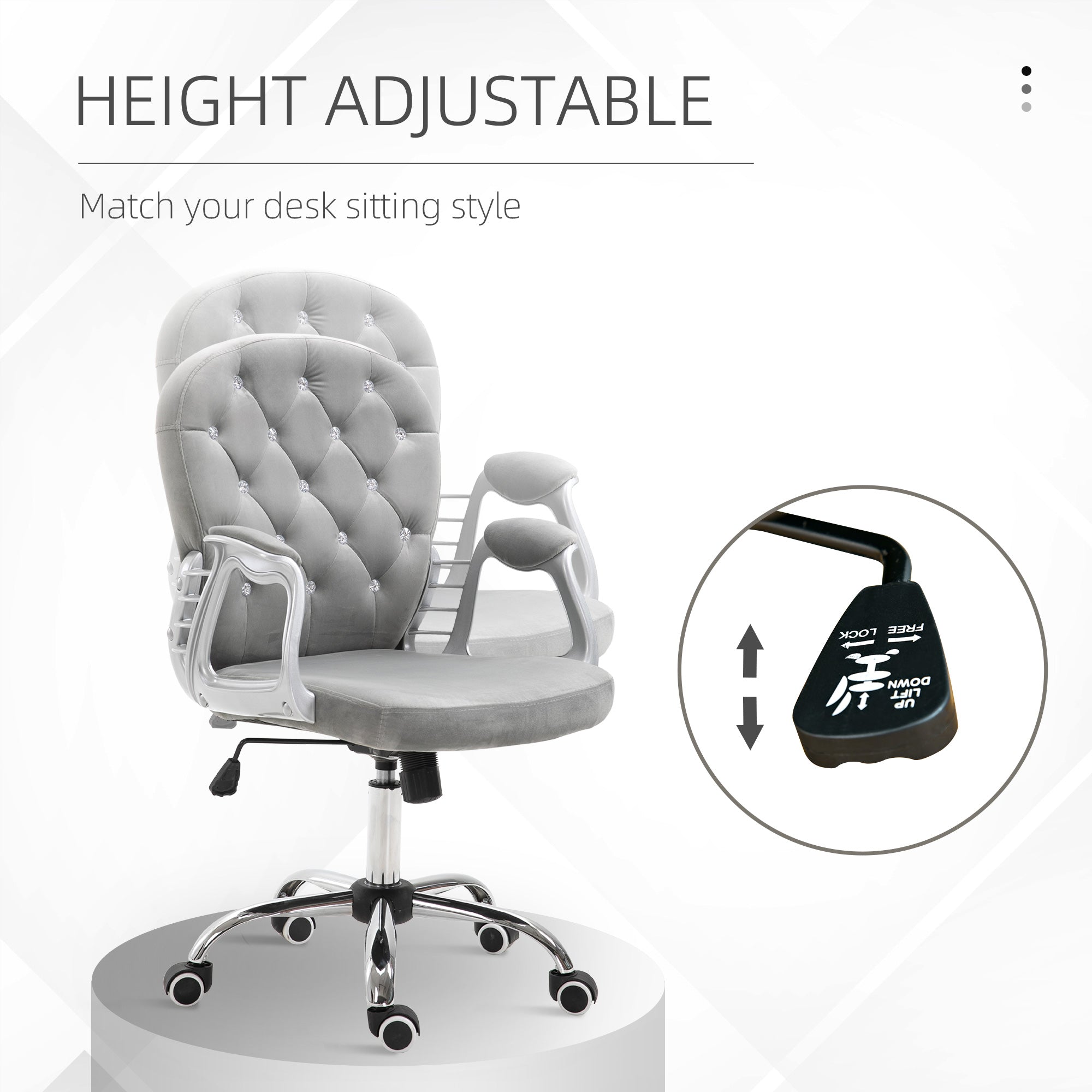 Office Chair Ergonomic 360° Swivel Diamond Tufted Home Work Velour Padded Base 5 Castor Wheels Grey