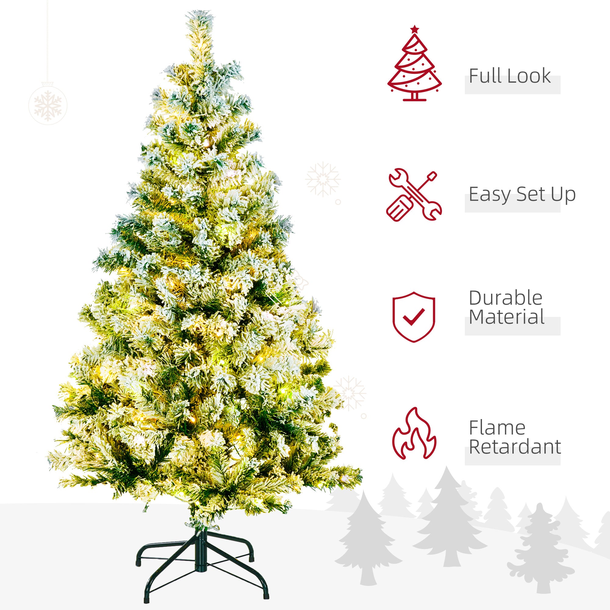 4.5' Artificial Snow Christmas Trees with Frosted Branches, Warm White or Colourful LED Lights, Steel Base