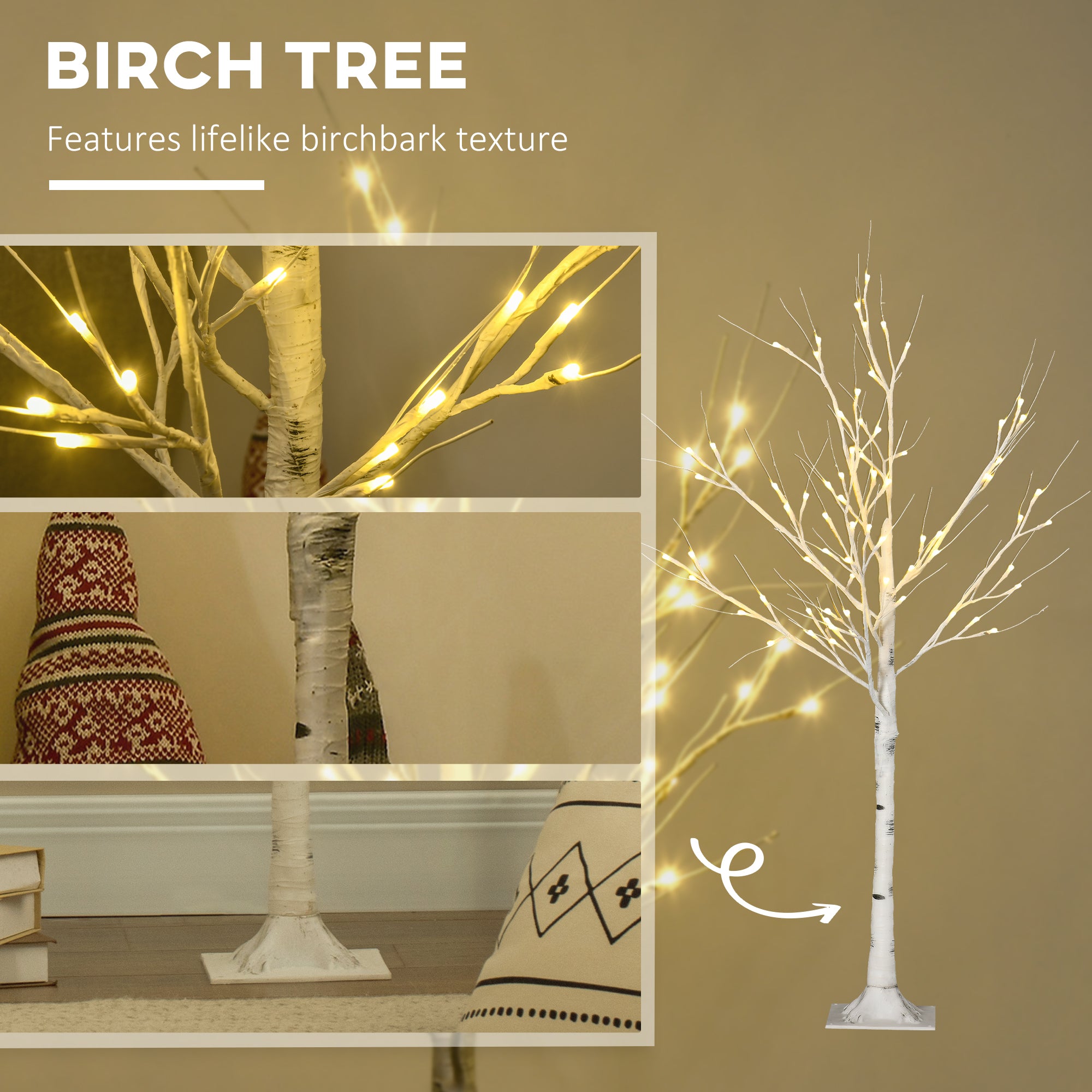 4ft Artificial White Birch Tree with 72 Warm White LED Lights - White