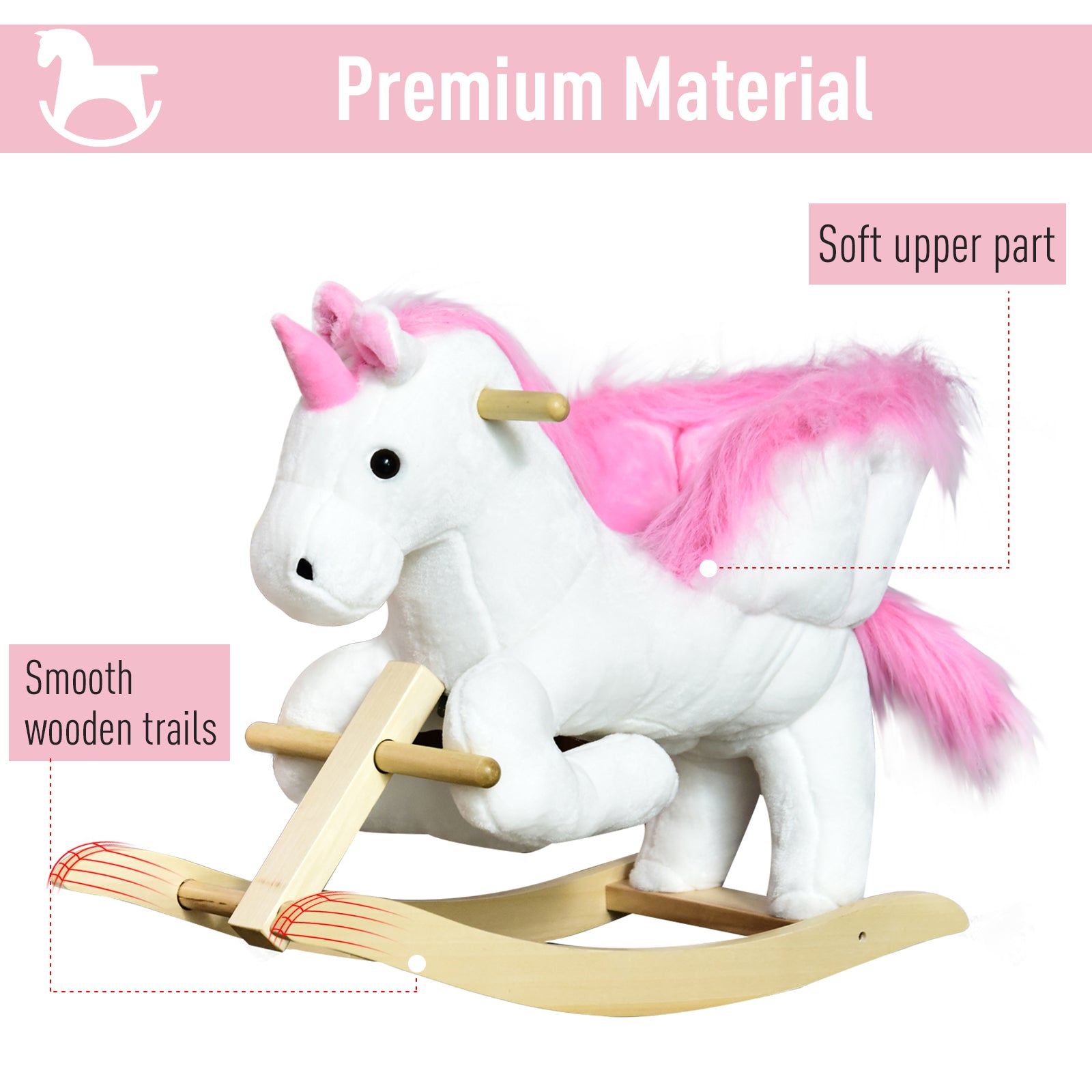 Unicorn Rocking Horse Kids Wooden Ride On Plush Toy w/ Music