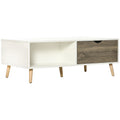 Modern Coffee Table with Open Shelves and Two Drawers, Solid Wood Legs - White