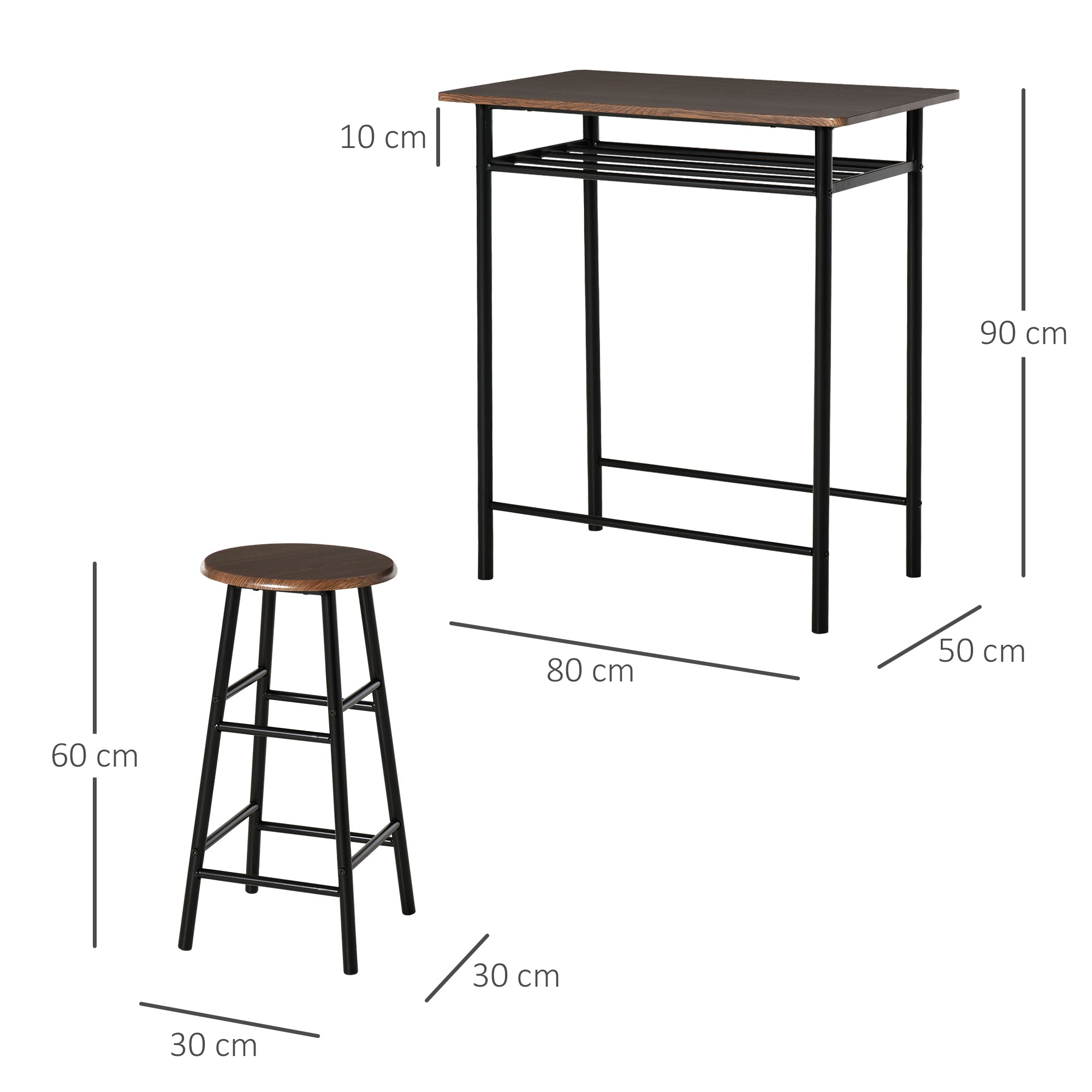 Bar Table Set, Bar Set-1 Bar Table and 2 Stools with Metal Frame Footrest and Storage Shelf, for Kitchen, Dining Room, Pub, Cafe, Black and Oak