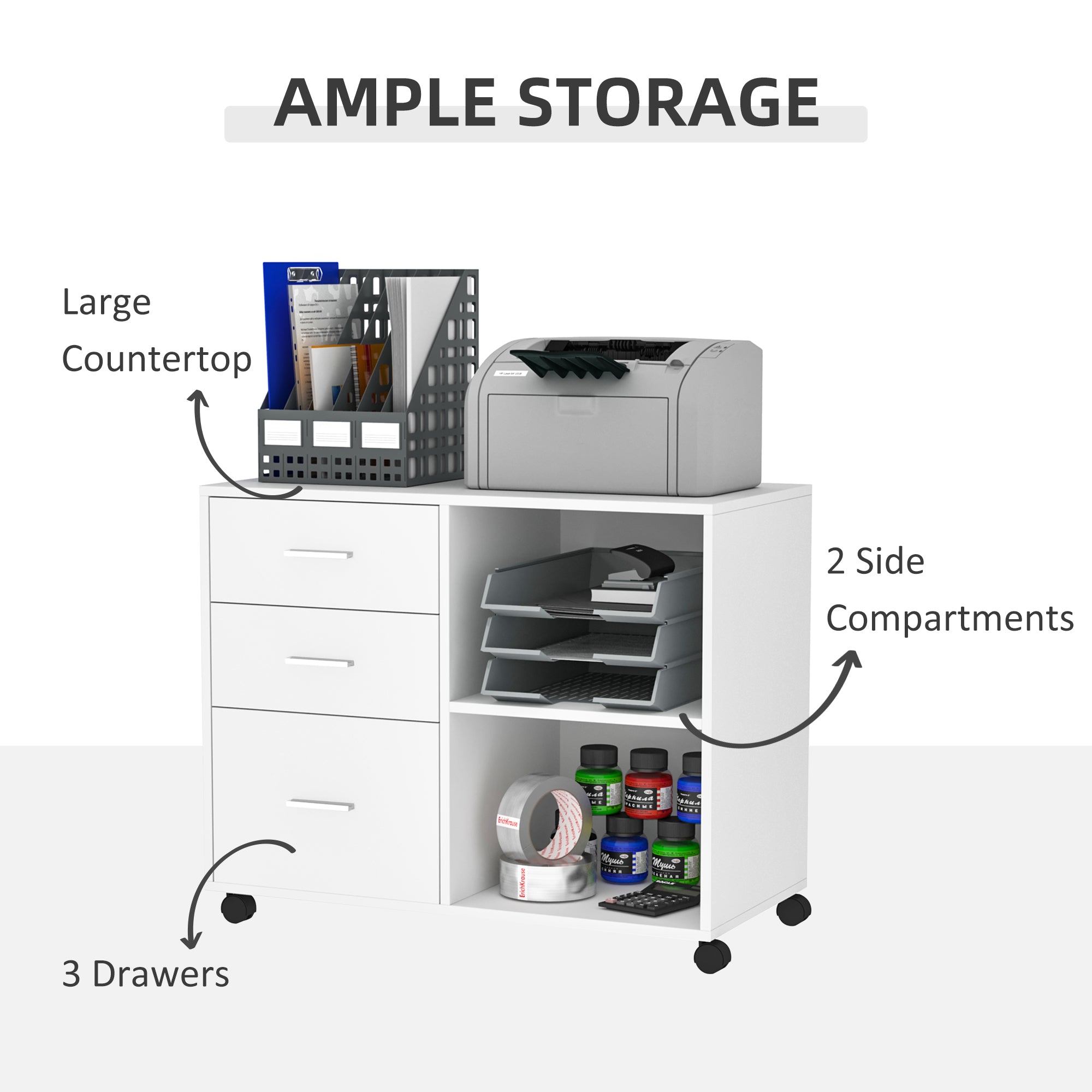 Freestanding Printer Stand Unit Office Desk Side Mobile Storage w/ Wheels 3 Drawers, 2 Open Shelves Modern Style 80L x 40W x 65H cm - White