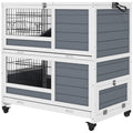 Double Deckers Indoor Guinea Pig Cage Rabbit Hutch with Feeding Trough, Trays, Ramps, Openable Top - Grey