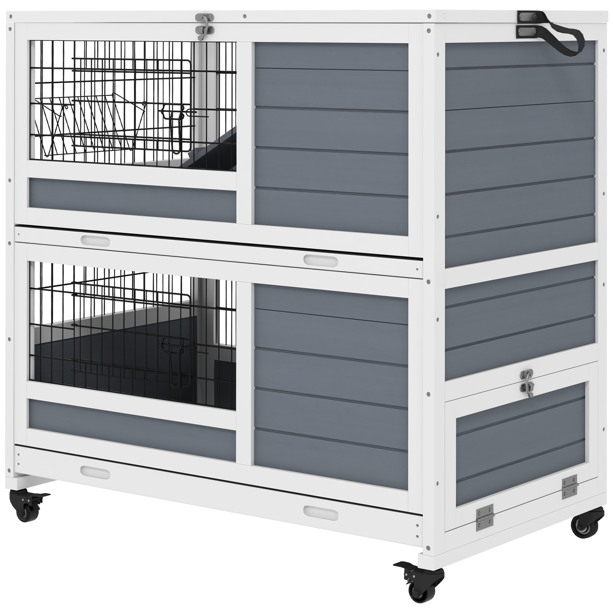 Double Deckers Guinea Pig Cage Rabbit Hutch Indoor with Feeding Trough, Trays, Ramps, Openable Top - Grey