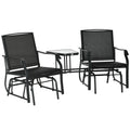 2 Piece Garden Double Glider Rocking Chair Set with Glass Table - Black Mesh